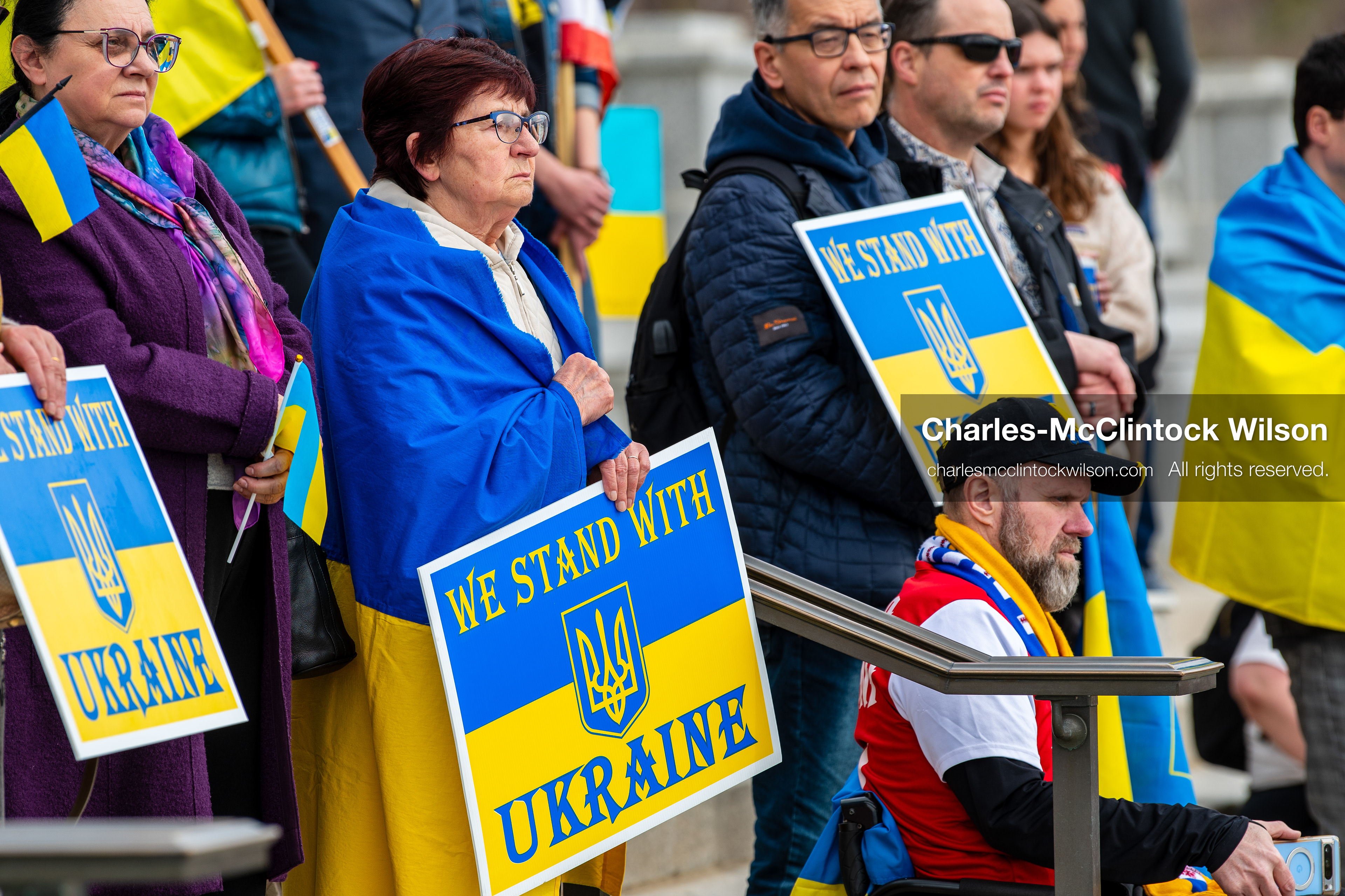 February 28, 2026, Salt Lake City, Utah, USA: Supporters gather on the steps of the Utah State Capitol during the Stand With Ukraine rally marking the four year anniversary of the full scale Russian invasion of Ukraine. Participants hold signs and Ukrainian flags as community members call for continued support for Ukraine and an end to the war. (Credit Image: © Charles McClintock Wilson/ZUMA Press Wire)