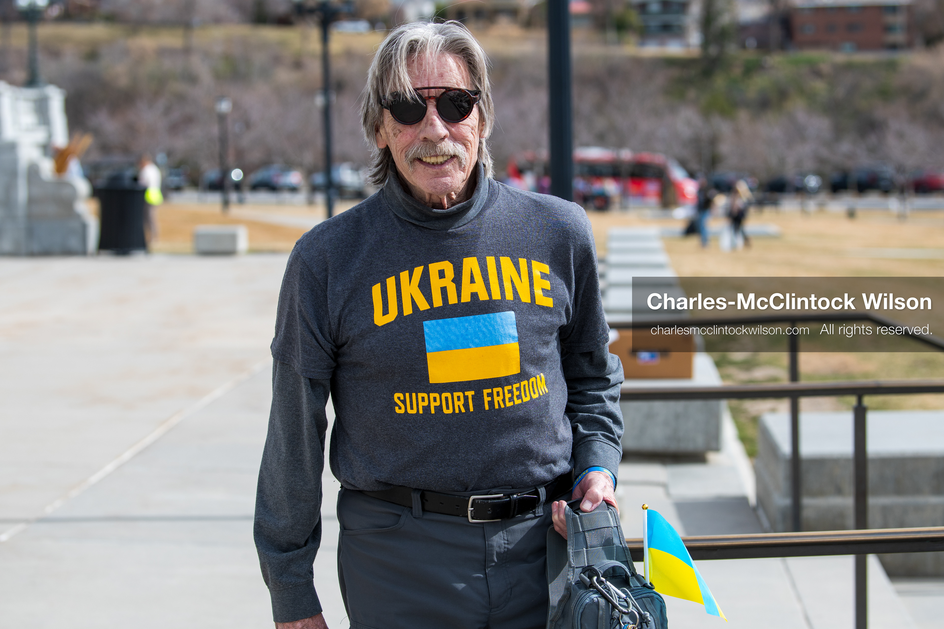 February 28, 2026, Salt Lake City, Utah, USA: An older demonstrator wearing a shirt reading Ukraine Support Freedom walks near the Utah State Capitol during the Stand With Ukraine rally. The gathering marked the four year anniversary of the full scale Russian invasion of Ukraine and brought community members together in support of Ukrainians and local humanitarian efforts. (Credit Image: © Charles McClintock Wilson/ZUMA Press Wire)