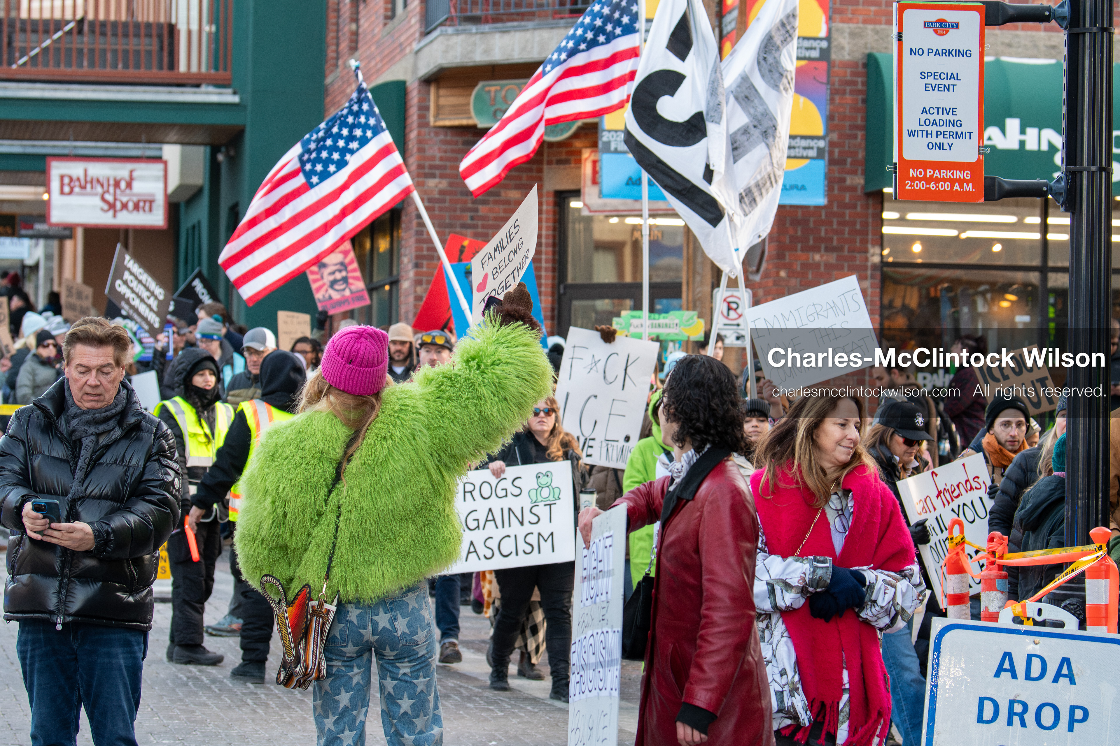 January 26, 2026, Park City, Utah, USA: Demonstrators march through Main Street holding signs during a protest opposing U.S. Immigration and Customs Enforcement (I.C.E.) ICE agents at the Sundance Film Festival in Park City, Utah, on Monday, Jan. 26, 2026. The event was held in response to the fatal shooting of Alex Pretti by a U.S. Border Patrol officer in Minneapolis. (Credit Image: © Charles McClintock Wilson/ZUMA Press Wire)