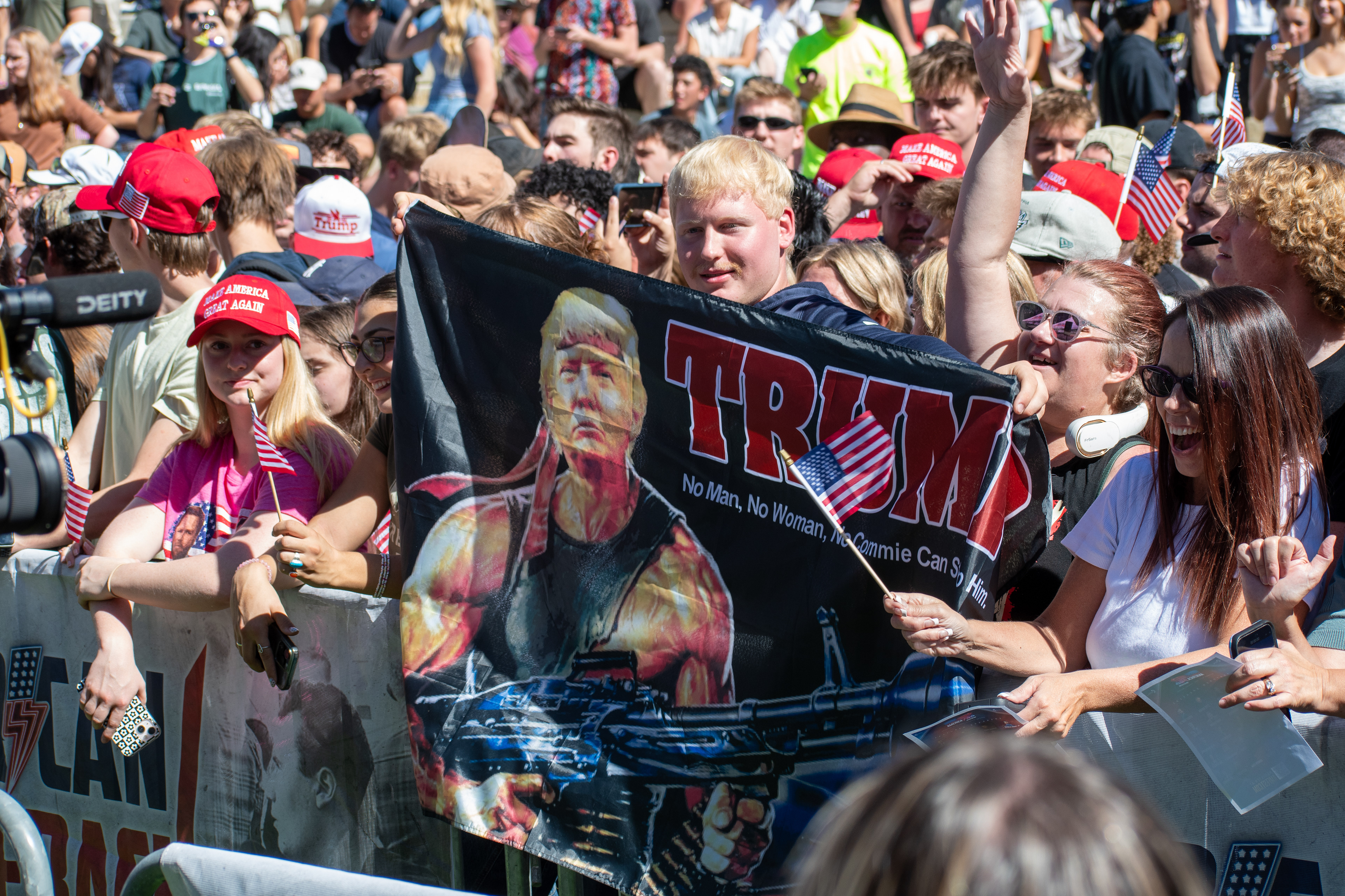OREM, UTAH – SEPTEMBER 10, 2025: Attendees gather in close formation at Utah Valley University for the opening stop of the American Comeback Tour. The image captures a moment of shared anticipation and civic presence, reflecting the energy, emotion, and communal engagement that defined the event’s intended spirit. © Charles-McClintock Wilson / ZUMA Press