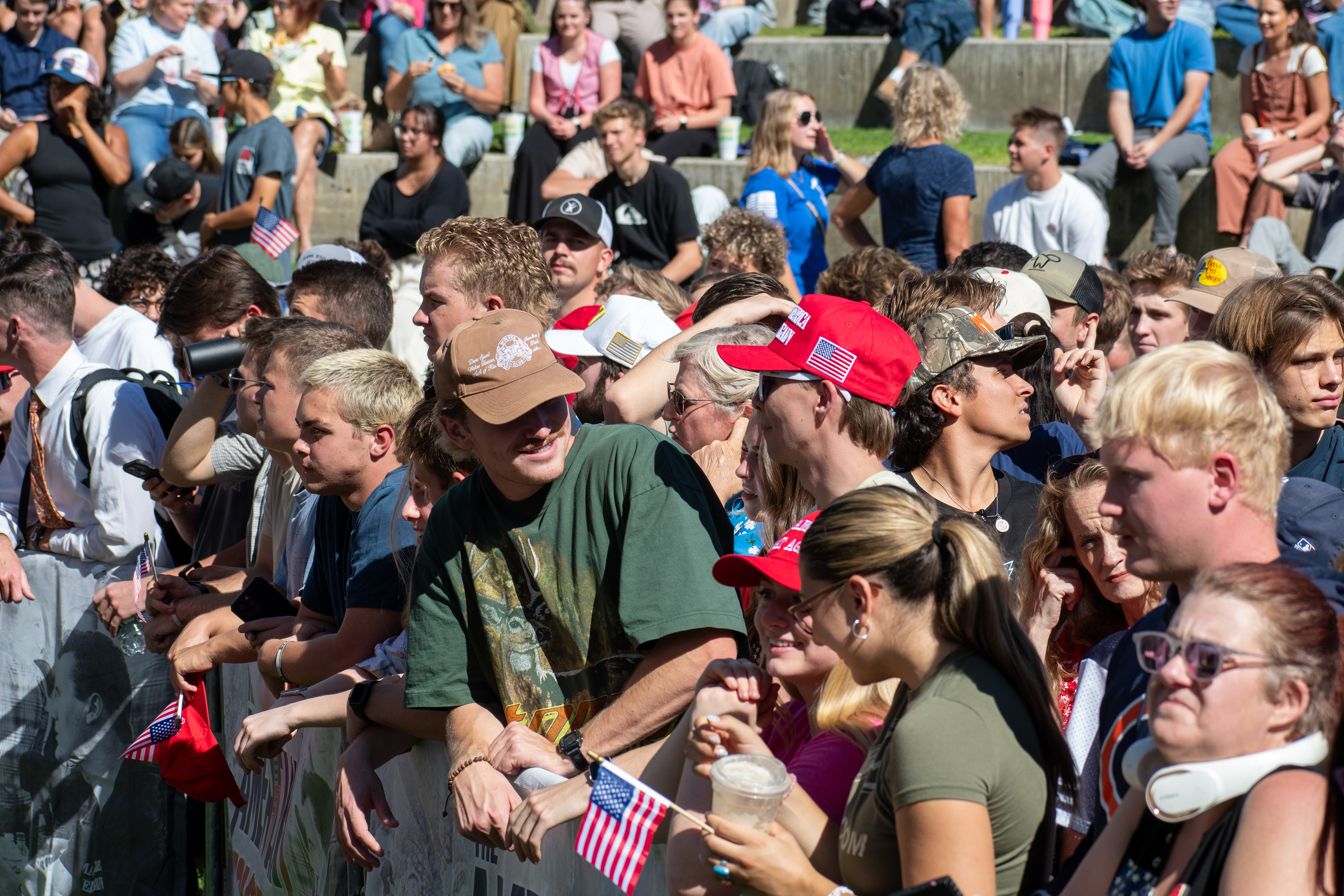 OREM, UTAH – SEPTEMBER 10, 2025: Attendees gather in close formation at Utah Valley University for the opening stop of the American Comeback Tour. The image captures a moment of shared anticipation and civic presence, reflecting the energy, emotion, and communal engagement that defined the event’s intended spirit. © Charles-McClintock Wilson / ZUMA Press