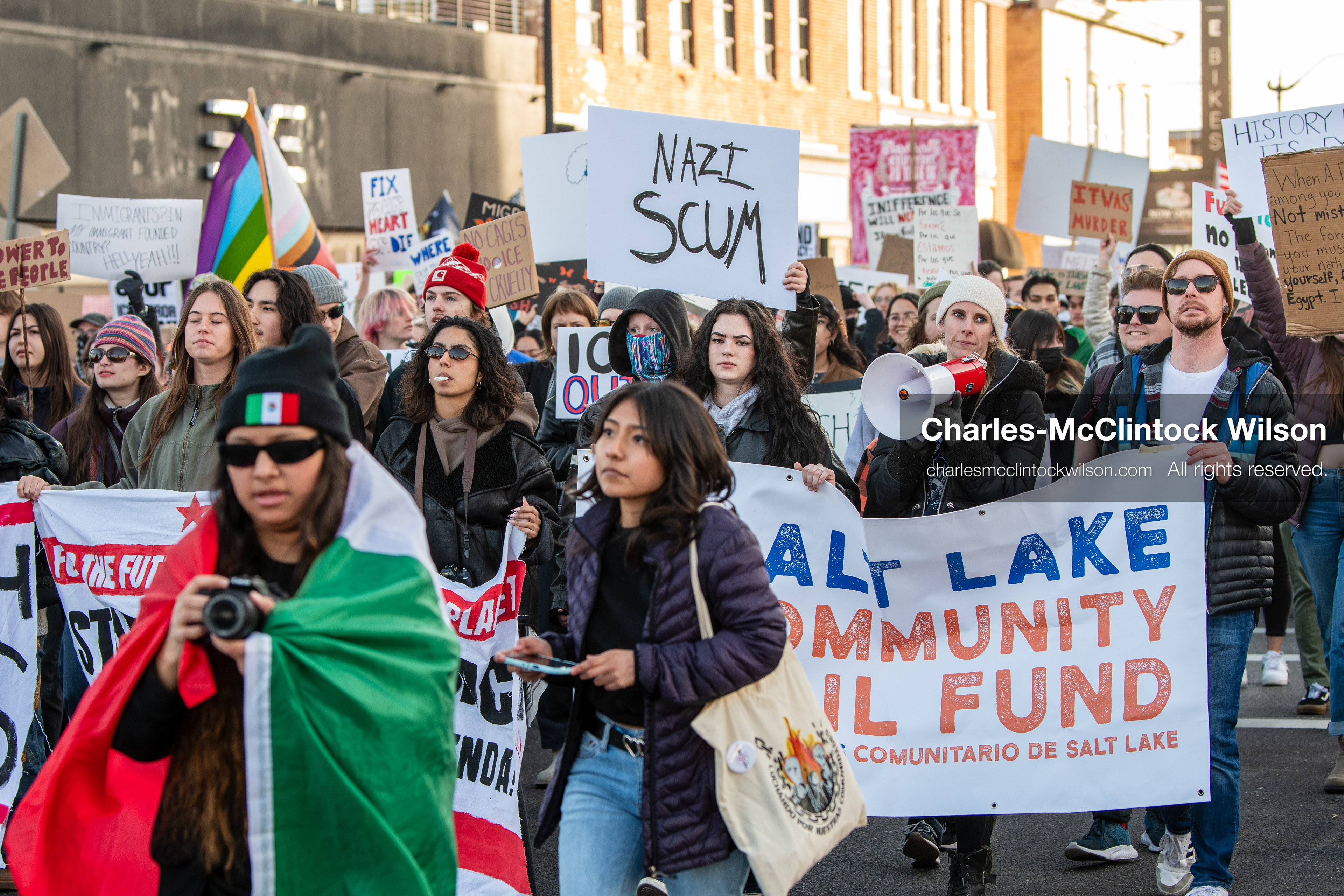 January 30, 2026, Salt Lake City, Utah, USA: Demonstrators march through downtown Salt Lake City during an anti‑ICE protest, part of a nationwide response to immigration enforcement policies. (Credit Image: © Charles‑McClintock Wilson/ZUMA Press Wire)