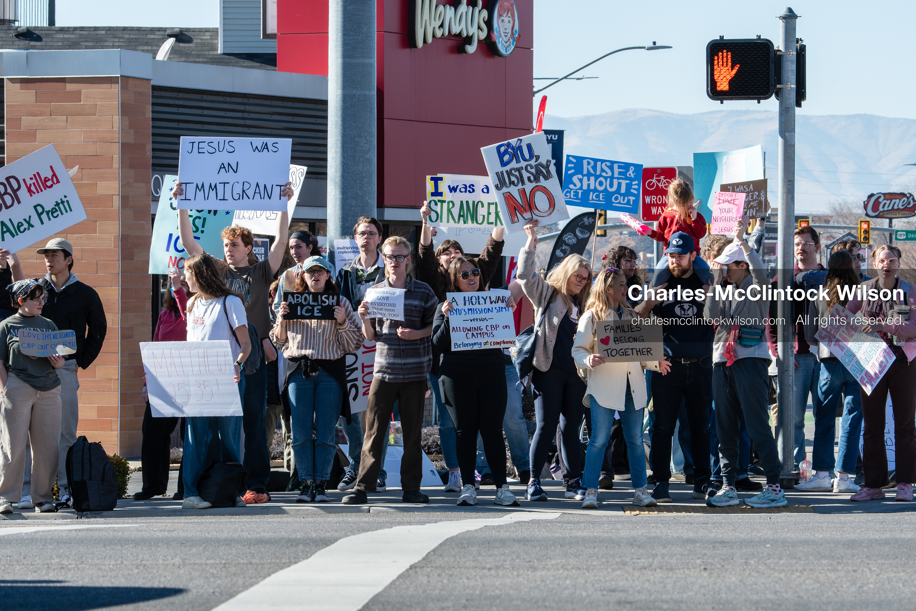 February 5, 2026, Provo, Utah, USA: Students and community members gather near Brigham Young University in Provo to demonstrate against the presence of US Customs and Border Protection recruiters at a career fair held on the BYU campus. (Credit Image: © Charles McClintock Wilson/ZUMA Press Wire)