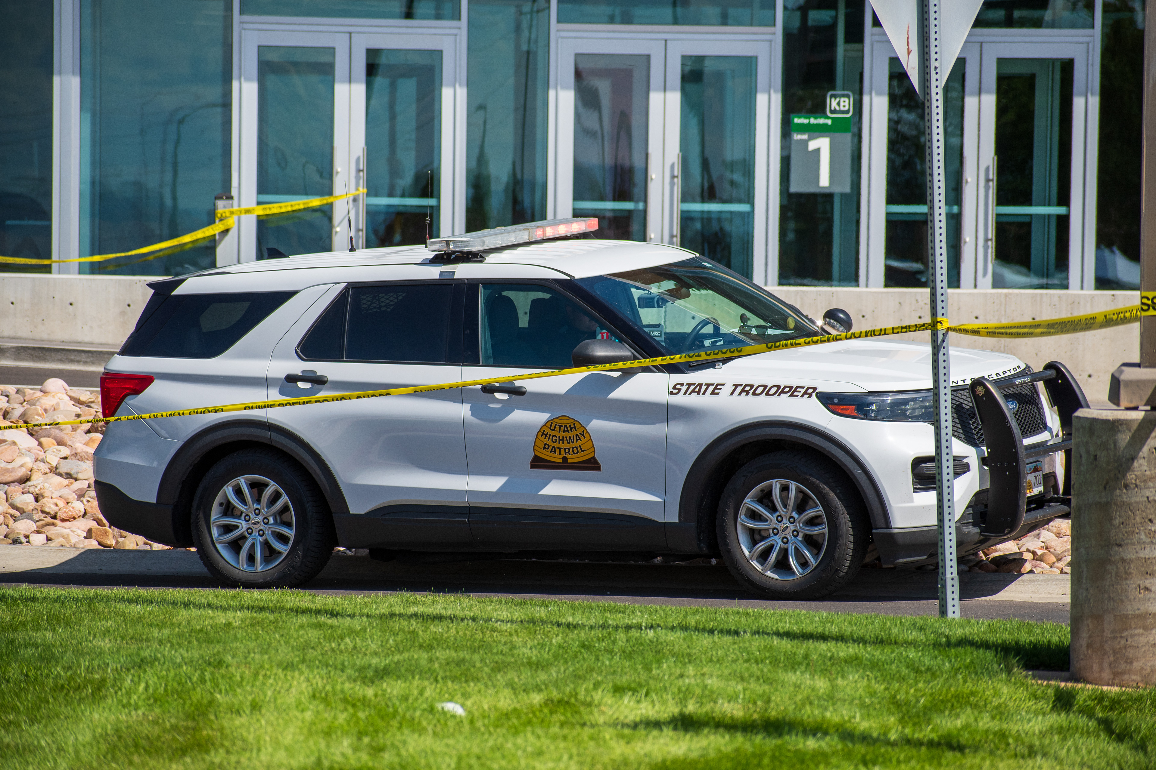 September 12, 2025 – Orem, Utah, United States: A Utah Highway Patrol vehicle is parked outside a cordoned-off building at Utah Valley University following the fatal shooting of conservative activist Charlie Kirk, who was assassinated during a public event on campus two days earlier. Photograph by Charles‑McClintock Wilson / ZUMA Press Wire