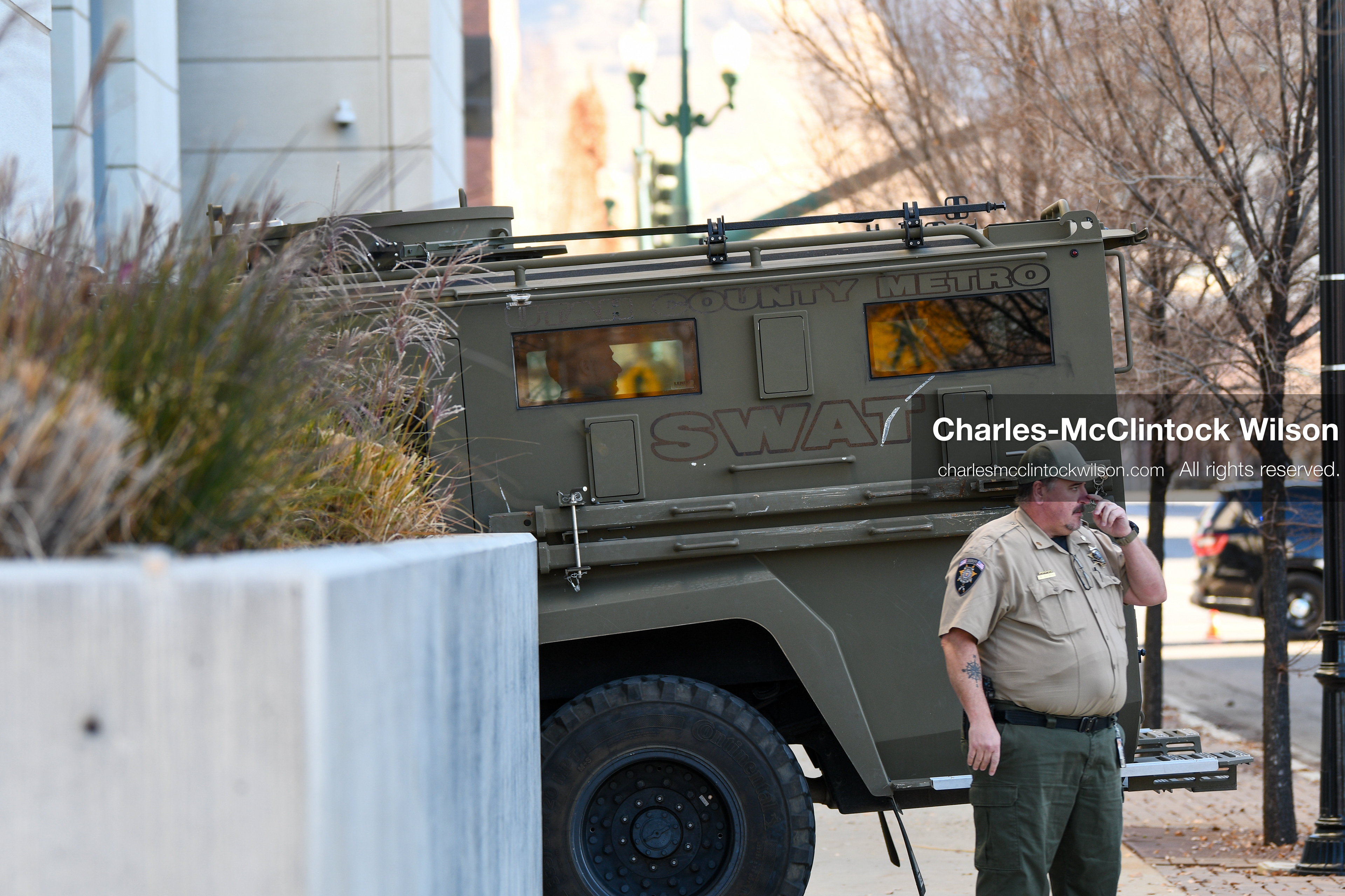 PROVO, UTAH, USA – DECEMBER 11, 2025: An armored vehicle marked SWAT arrives outside the Fourth District Court in Provo, Utah, transporting Tyler Robinson for his first in‑person court appearance in the Charlie Kirk murder case. (Credit Image: © Charles‑McClintock Wilson/ZUMA Press Wire)