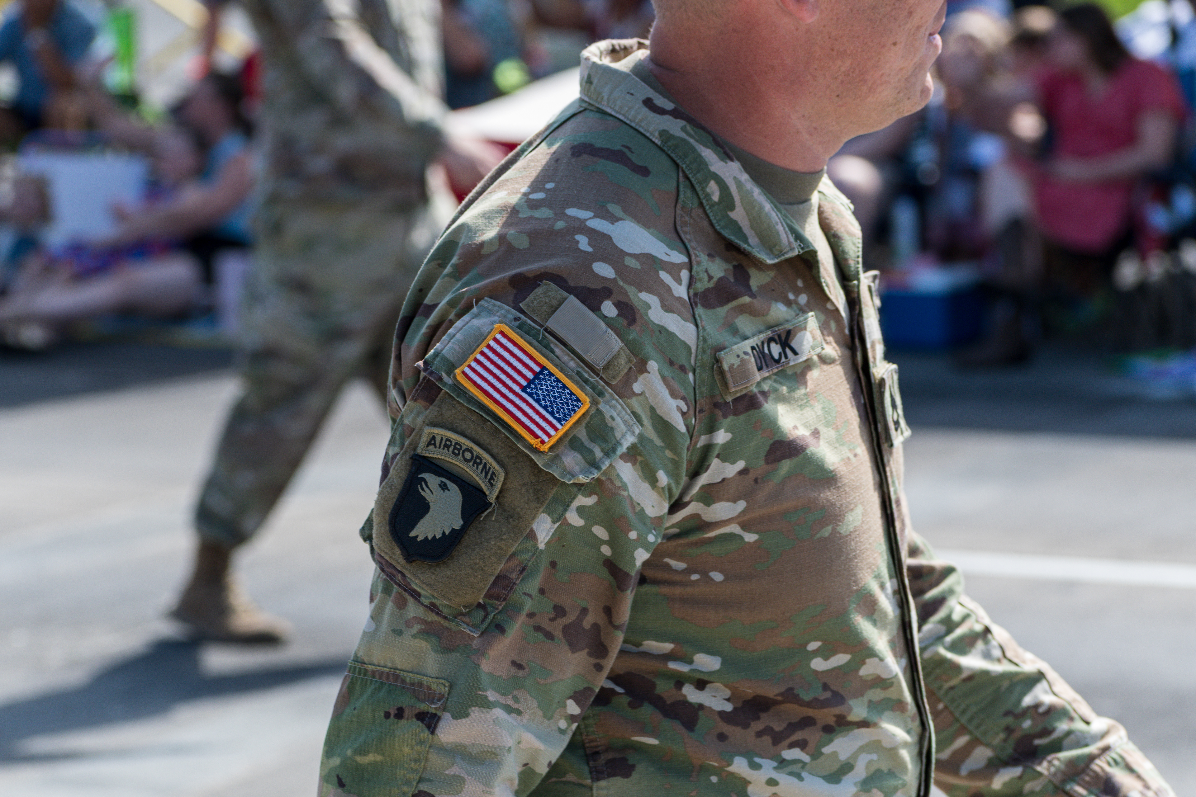 Provo, Utah – July 4, 2025: A patch displaying the U.S. flag and Airborne insignia is seen on the sleeve of a U.S. Army uniform during the Freedom Festival Grand Parade.