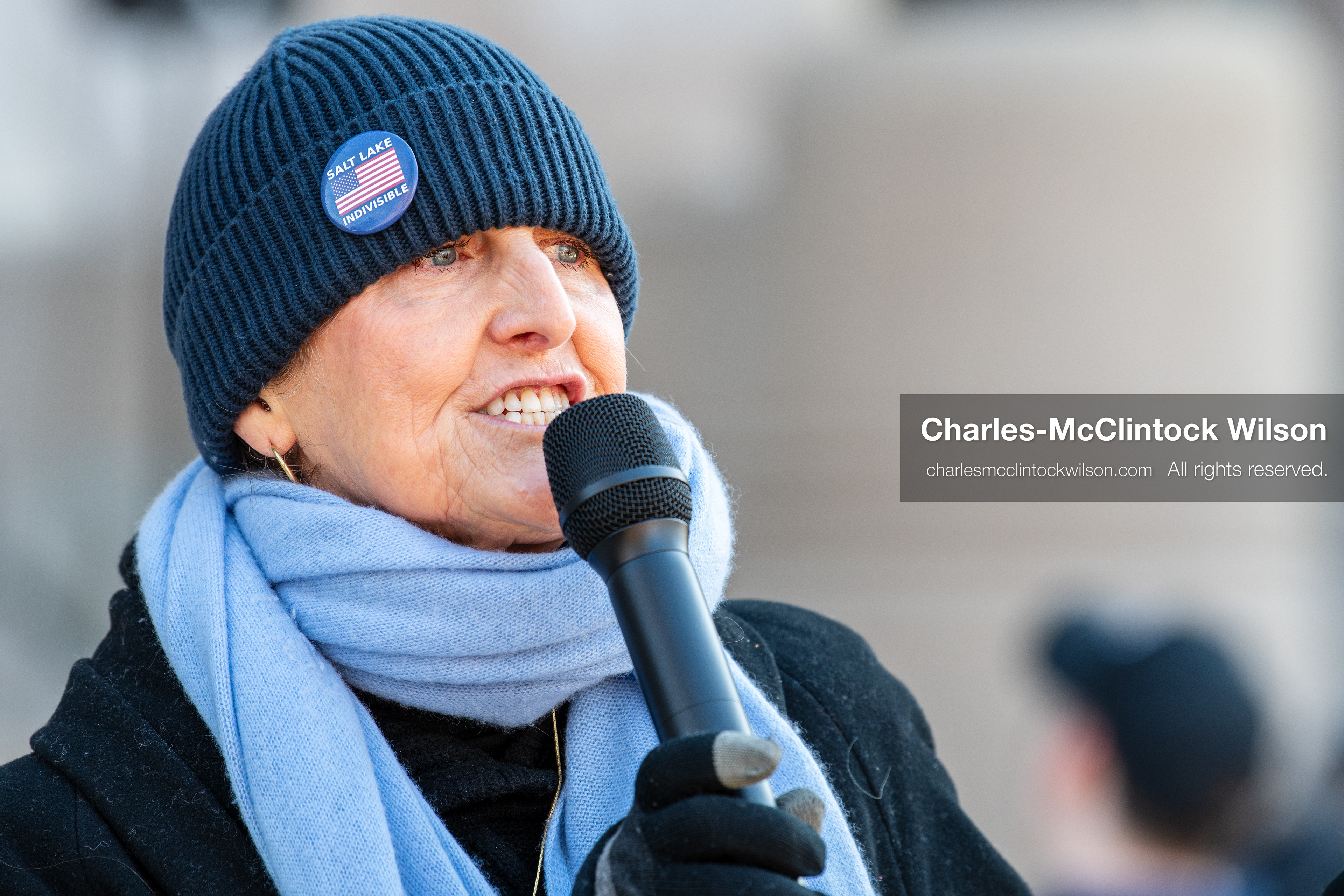 Salt Lake City, Utah, January 10, 2026: Sarah Buck, leader and key organizer for Salt Lake Indivisible, speaks during the ICE Out for Good protest at Washington Square Park, a demonstration calling for justice for Renee Nicole Good. Salt Lake Indivisible is a local grassroots organization that opposes policies of the Trump administration and advocates for democratic protections. (Credit Image: © Charles‑McClintock Wilson/ZUMA Press Wire)