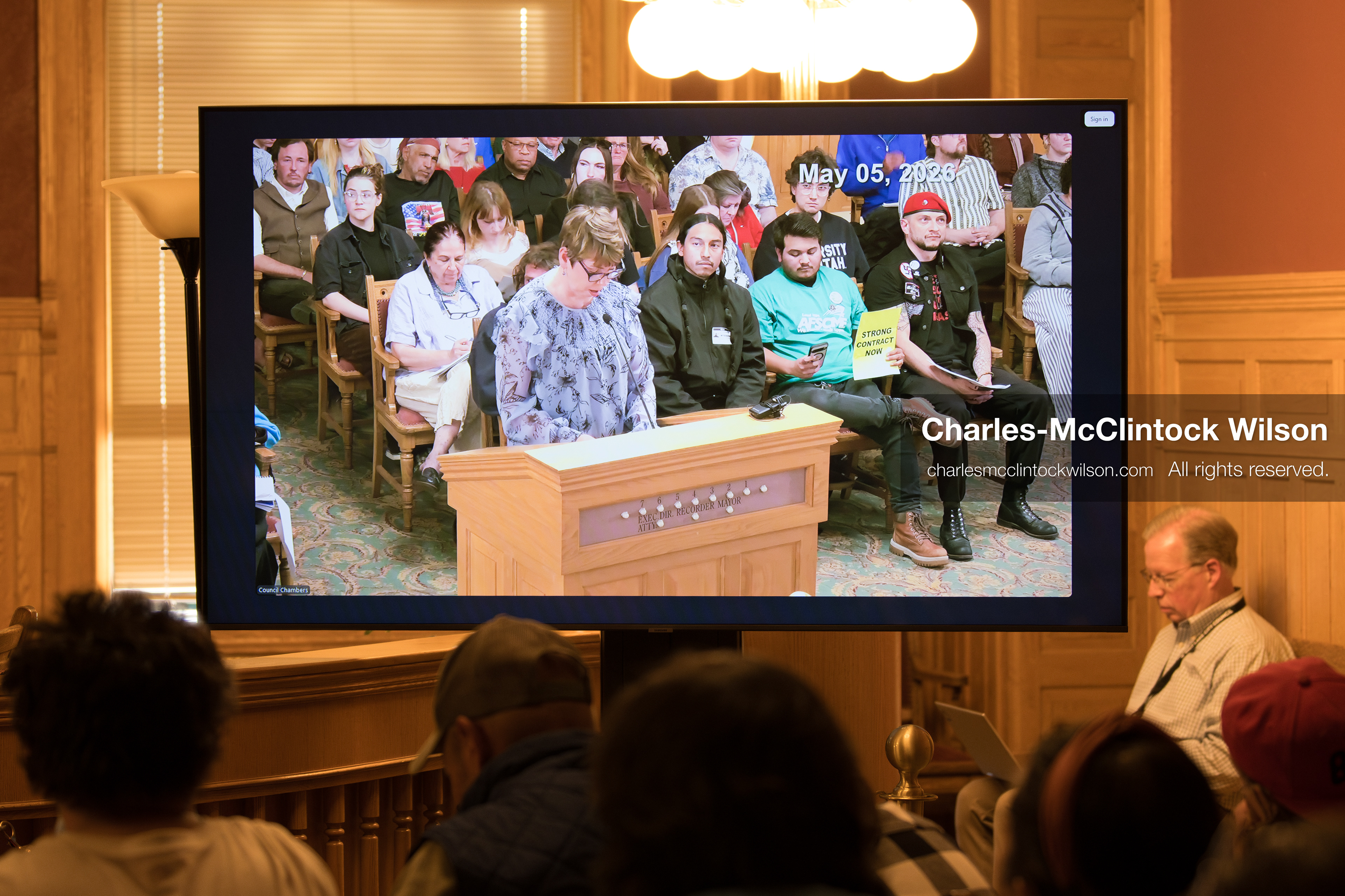 May 5, 2026, Salt Lake City, Utah, USA: People watch a speaker on a monitor during the Salt Lake City Council's formal meeting in Salt Lake City on Tuesday, May 5, 2026. (Credit Image: © Charles-McClintock Wilson/ZUMA Press Wire)