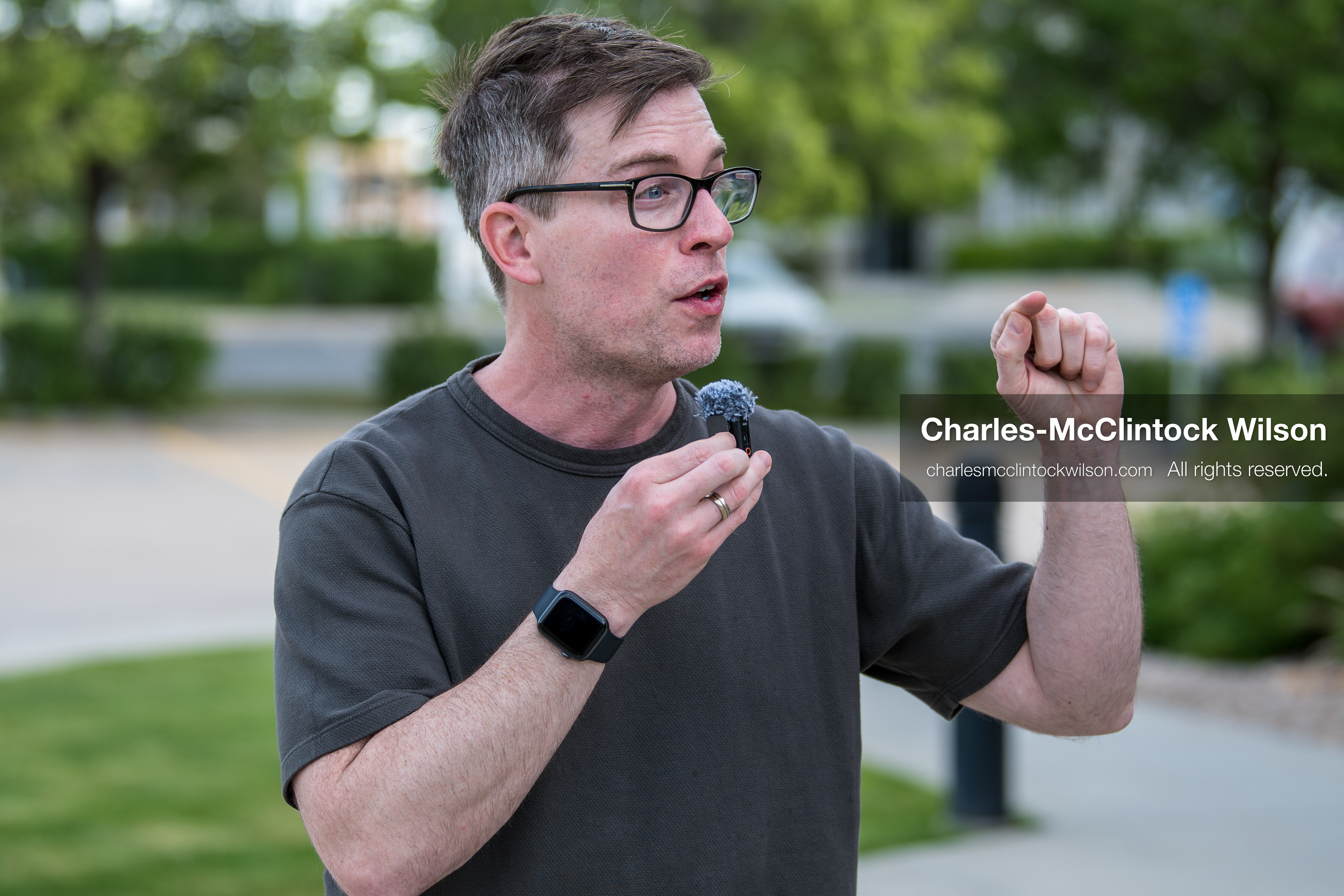 May 13, 2026, Brigham City, Utah, USA: US political satirist and digital creator WALTER MASTERSON speaks to attendees outside the Box Elder County Justice Courthouse in Brigham City, Utah, on May 13, 2026, during a gathering over the proposed data center project backed by businessman Kevin O'Leary, which has drawn public concern over water use, power demand, and transparency. (Credit Image: © Charles-McClintock Wilson/ZUMA Press Wire)