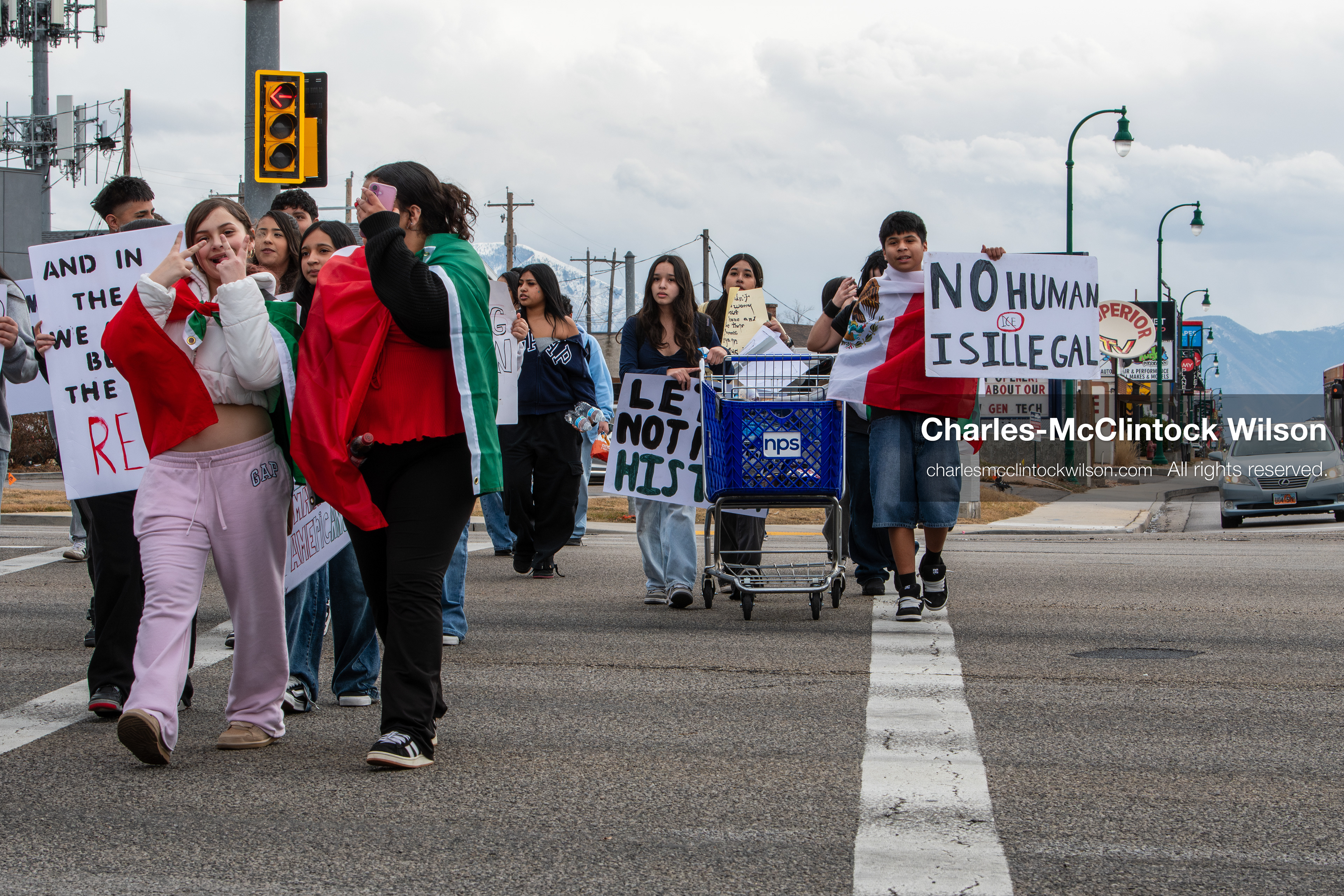 February 11, 2026, Orem, Utah, USA: Students march along State Street during a student‑led protest involving participants from multiple Orem schools. (Credit Image: © Charles‑McClintock Wilson/ZUMA Press Wire)