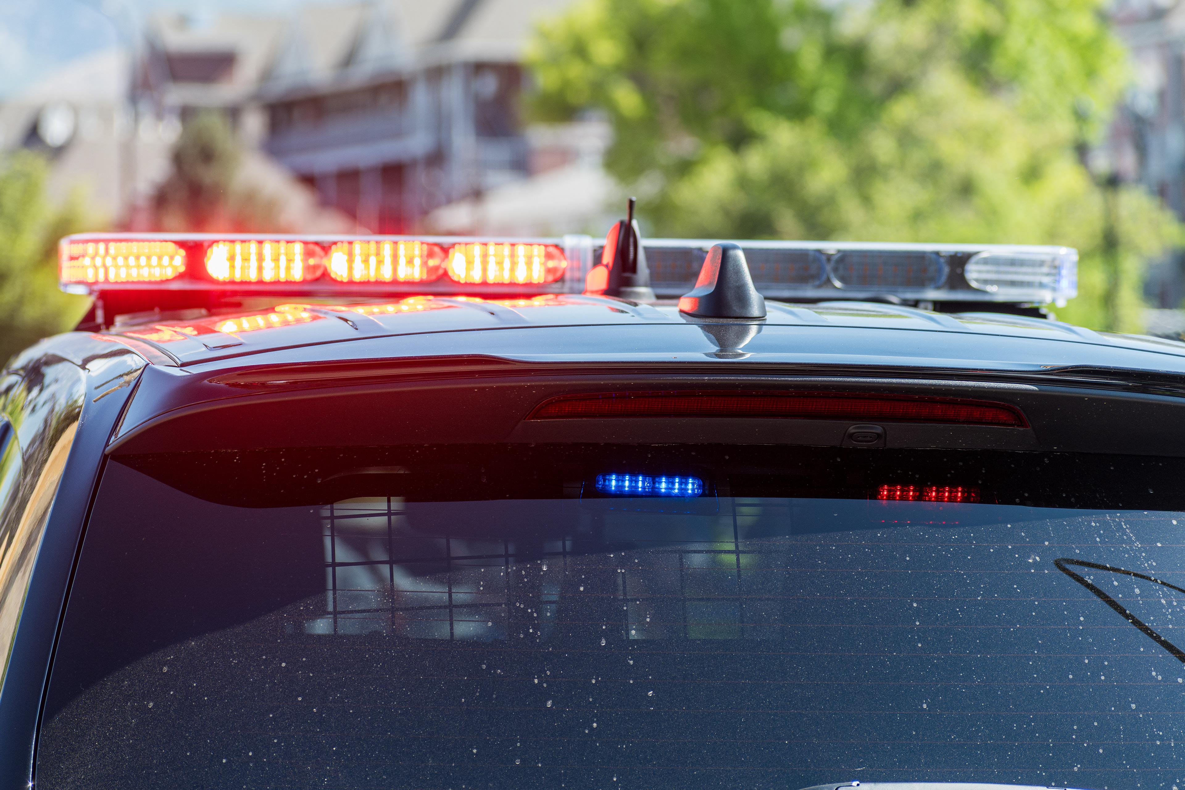 Provo, Utah – July 4, 2025: Flashing lights of a Provo Police Department cruiser are seen during the Freedom Festival Grand Parade in downtown Provo.