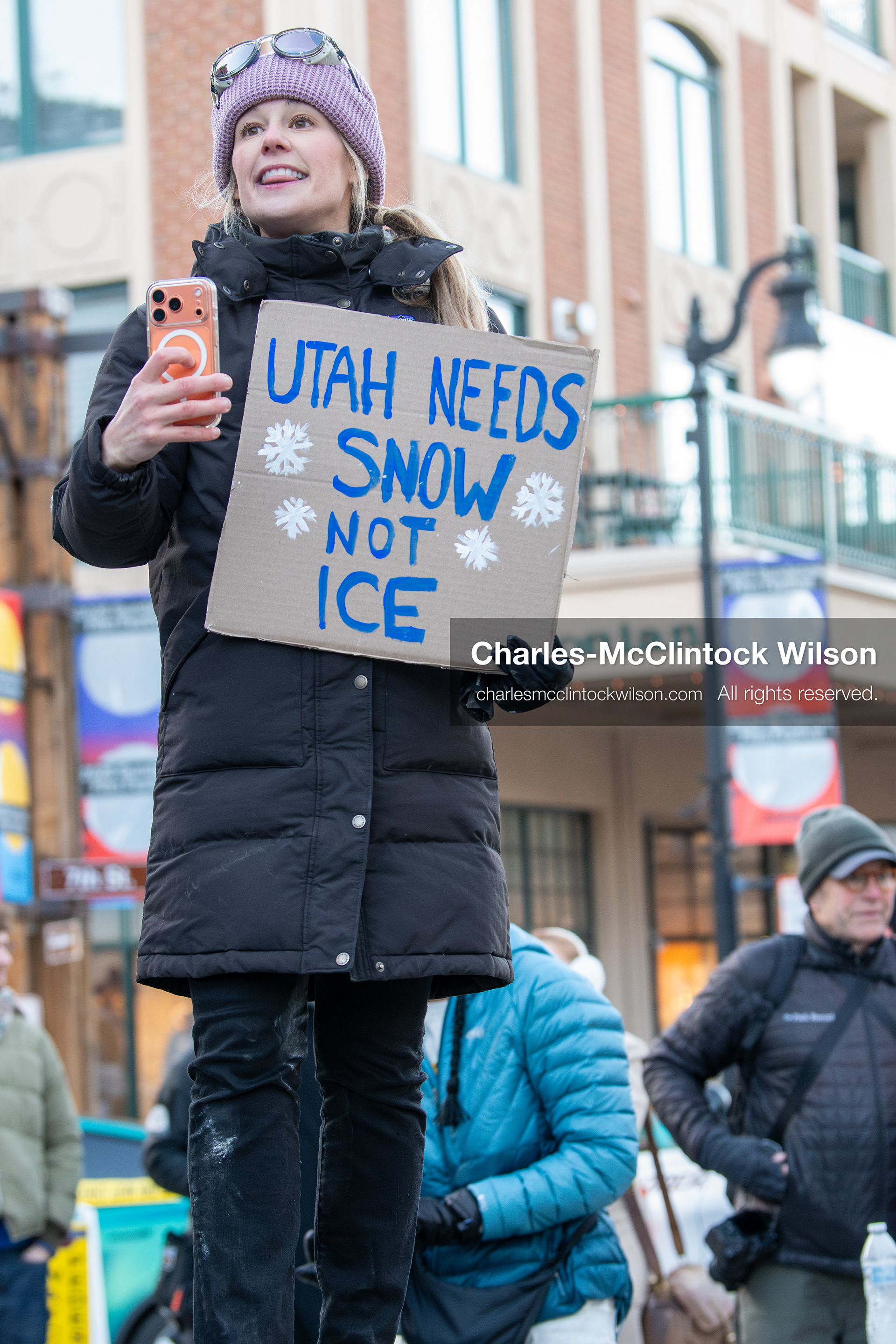 January 26, 2026, Park City, Utah, USA: CAROLINE GLEICH, a professional ski mountaineer, endurance athlete, and activist who was the Democratic nominee for the 2024 U.S. Senate election in Utah, holds a sign during a protest opposing U.S. Immigration and Customs Enforcement (I.C.E.) ICE agents at the Sundance Film Festival in Park City, Utah, on Monday, Jan. 26, 2026. The event was held in response to the fatal shooting of Alex Pretti by a U.S. Border Patrol officer in Minneapolis. (Credit Image: © Charles McClintock Wilson/ZUMA Press Wire)