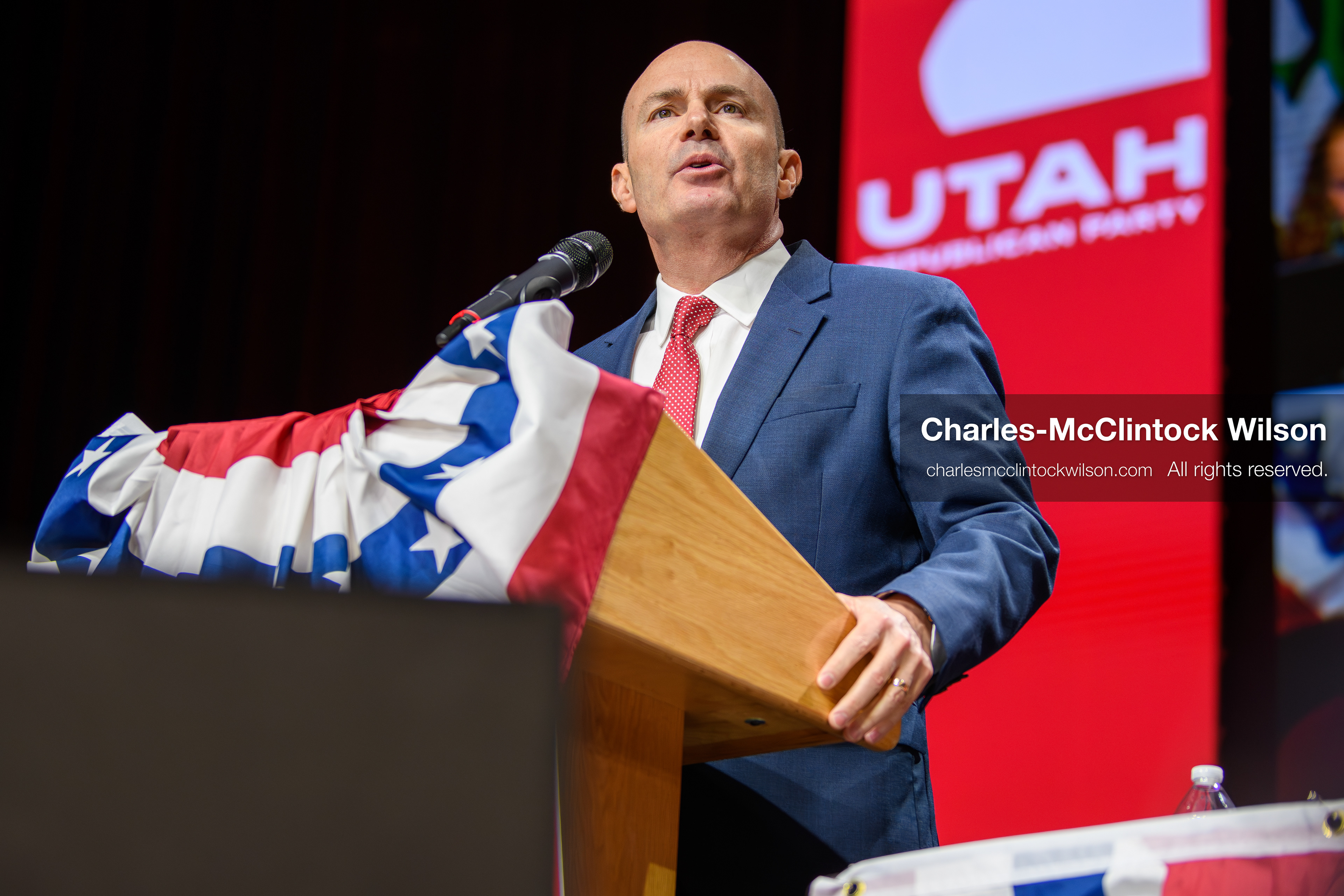 April 25, 2026, Orem, Utah, USA: U.S. Sen. MIKE LEE (R‑UT) speaks during the 2026 Utah Republican State Nominating Convention at the UCCU Center on the campus of Utah Valley University in Orem. (Credit Image: © Charles-McClintock Wilson/ZUMA Press Wire)