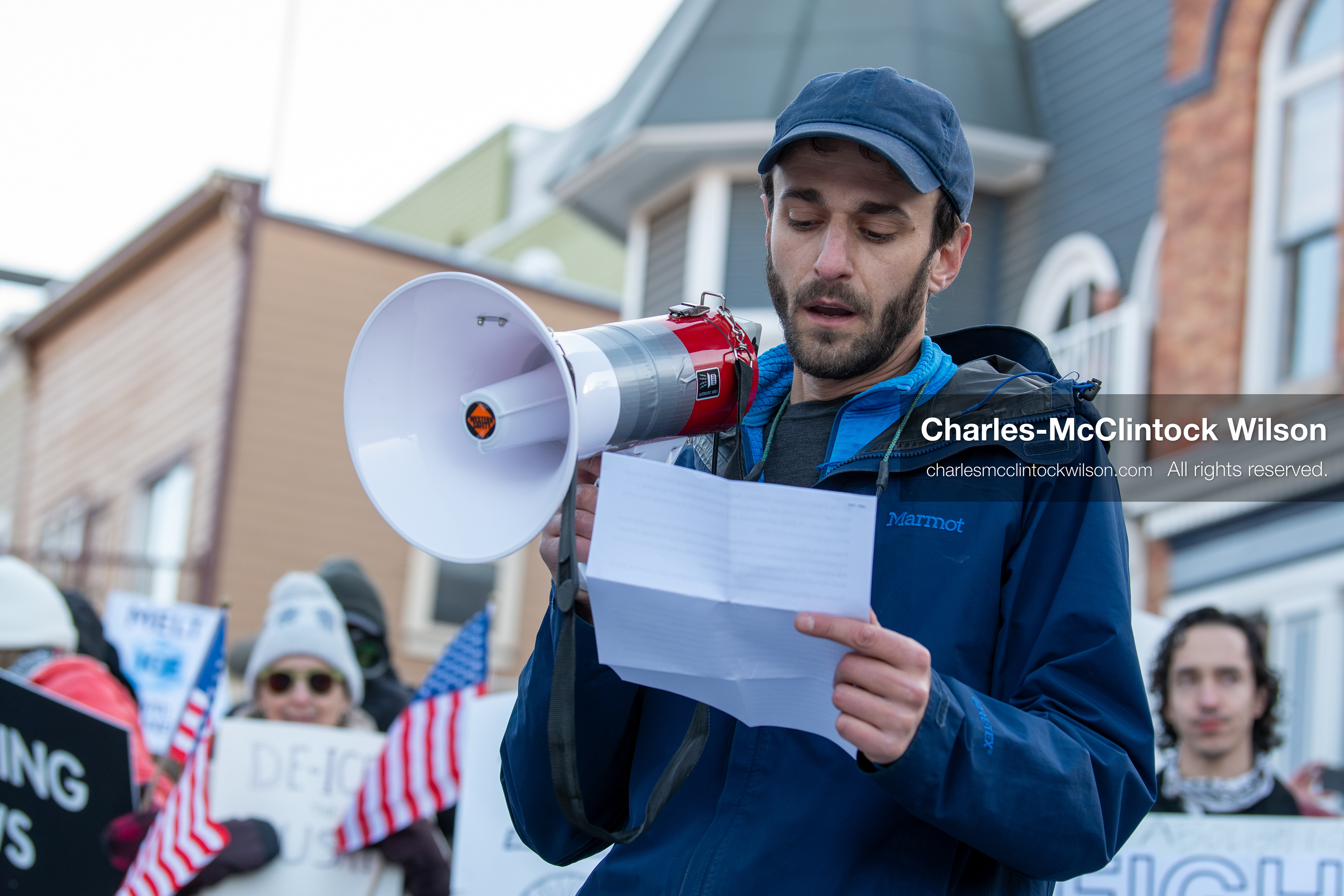 January 26, 2026, Park City, Utah, USA: A demonstrator reads from a piece of paper while speaking through a megaphone during a protest opposing U.S. Immigration and Customs Enforcement (I.C.E.) ICE agents at the Sundance Film Festival in Park City, Utah, on Monday, Jan. 26, 2026. The event was held in response to the fatal shooting of Alex Pretti by a U.S. Border Patrol officer in Minneapolis. (Credit Image: © Charles McClintock Wilson/ZUMA Press Wire)