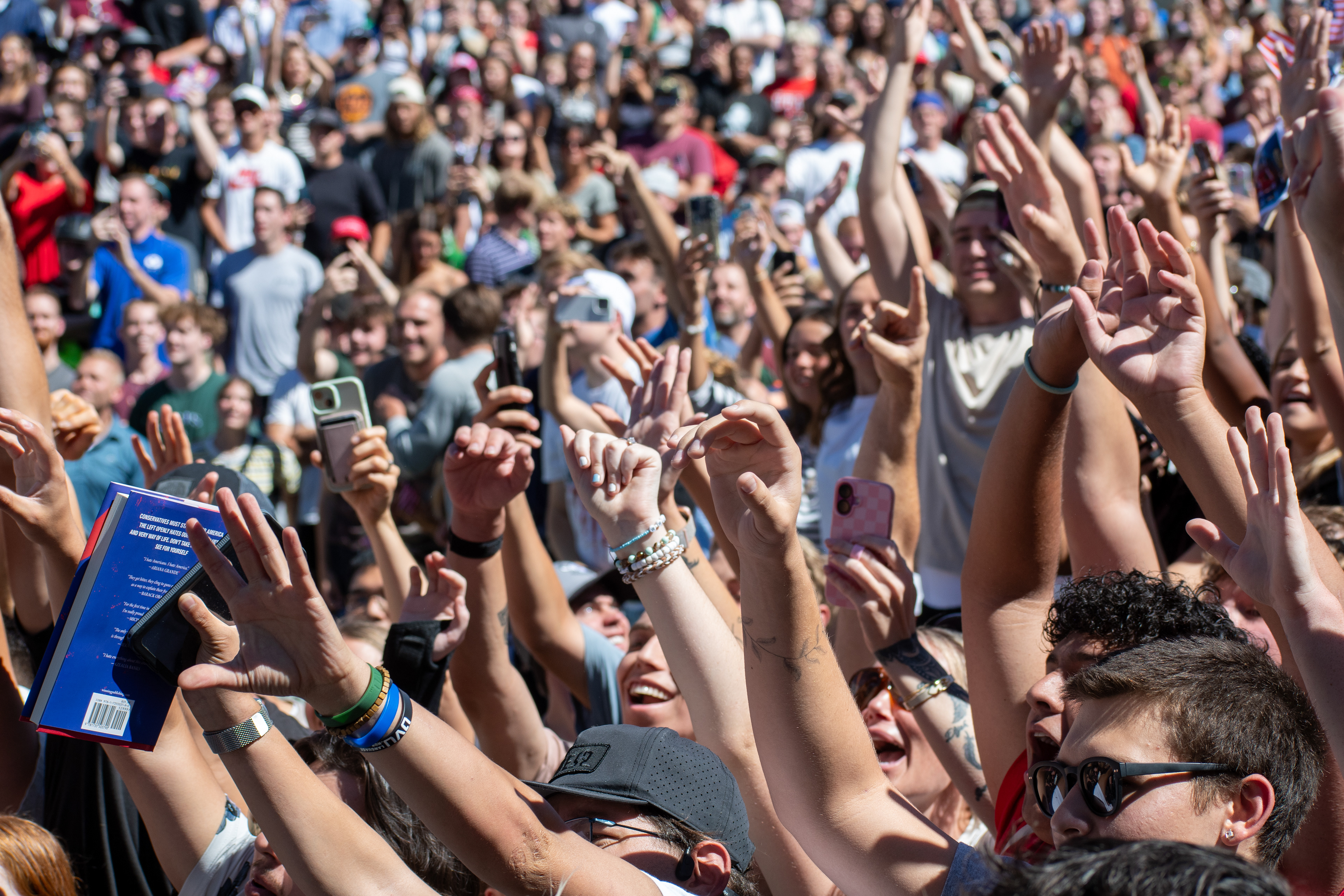 OREM, UTAH – SEPTEMBER 10, 2025: Attendees gather in close formation at Utah Valley University for the opening stop of the American Comeback Tour. The image captures a moment of shared anticipation and civic presence, reflecting the energy, emotion, and communal engagement that defined the event’s intended spirit. © Charles-McClintock Wilson / ZUMA Press