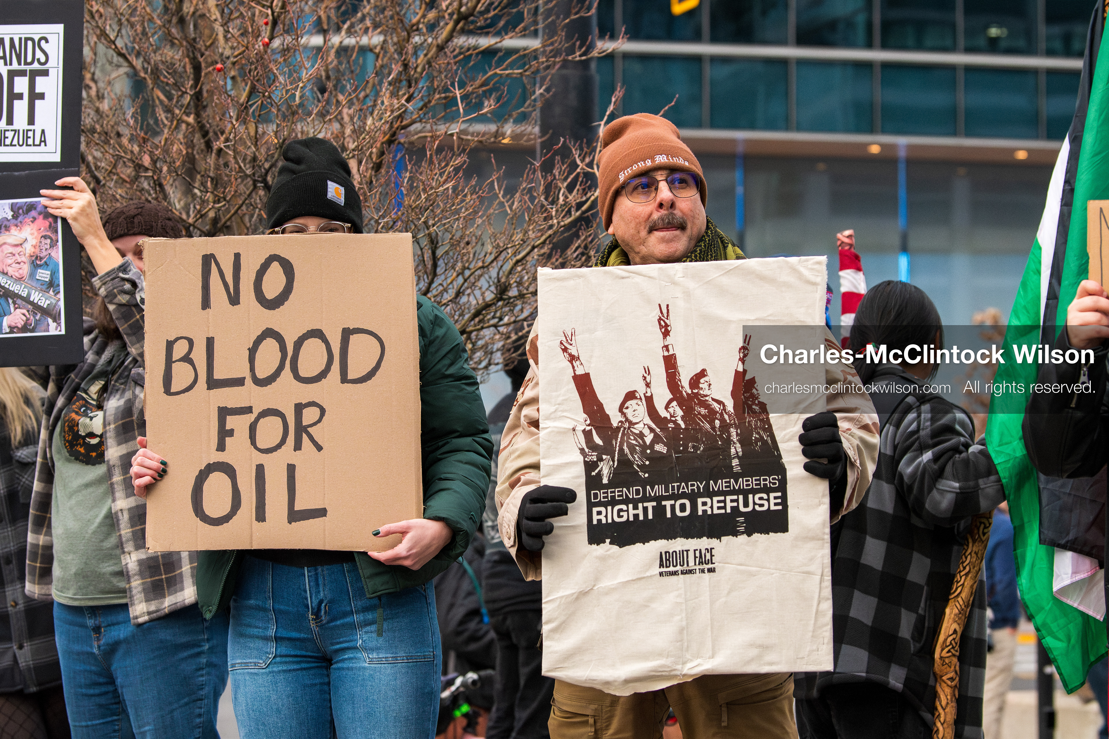 January 3, 2026, Salt Lake City, Utah, USA: Protesters hold signs during an emergency demonstration against US action in Venezuela outside the Wallace Federal Building in Salt Lake City, Utah. The event was part of a nationwide mobilization responding to recent military developments. (Credit Image: (c) Charles‑McClintock Wilson/ZUMA Press Wire)
