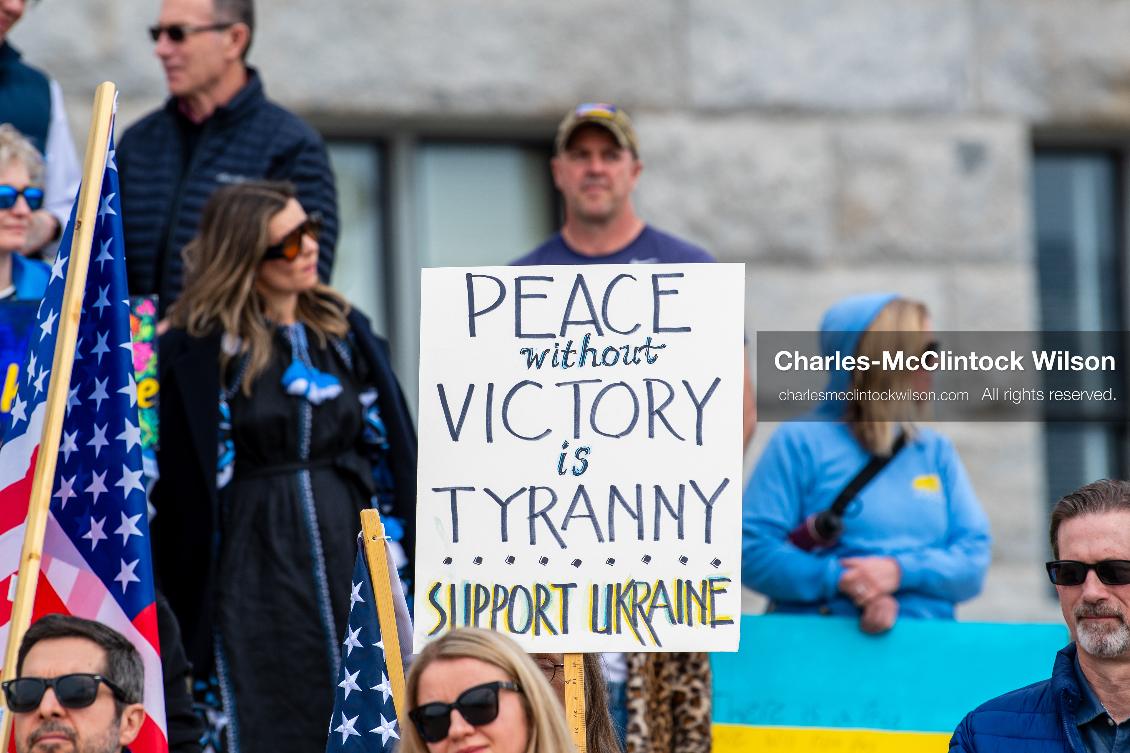 February 28, 2026, Salt Lake City, Utah, USA: A demonstrator holds a sign reading Peace Without Victory Is Tyranny Support Ukraine during the Stand With Ukraine rally near the Utah State Capitol. The gathering marked the four year anniversary of the full scale Russian invasion of Ukraine and brought community members together in support of Ukrainians and local humanitarian efforts. (Credit Image: © Charles McClintock Wilson/ZUMA Press Wire)