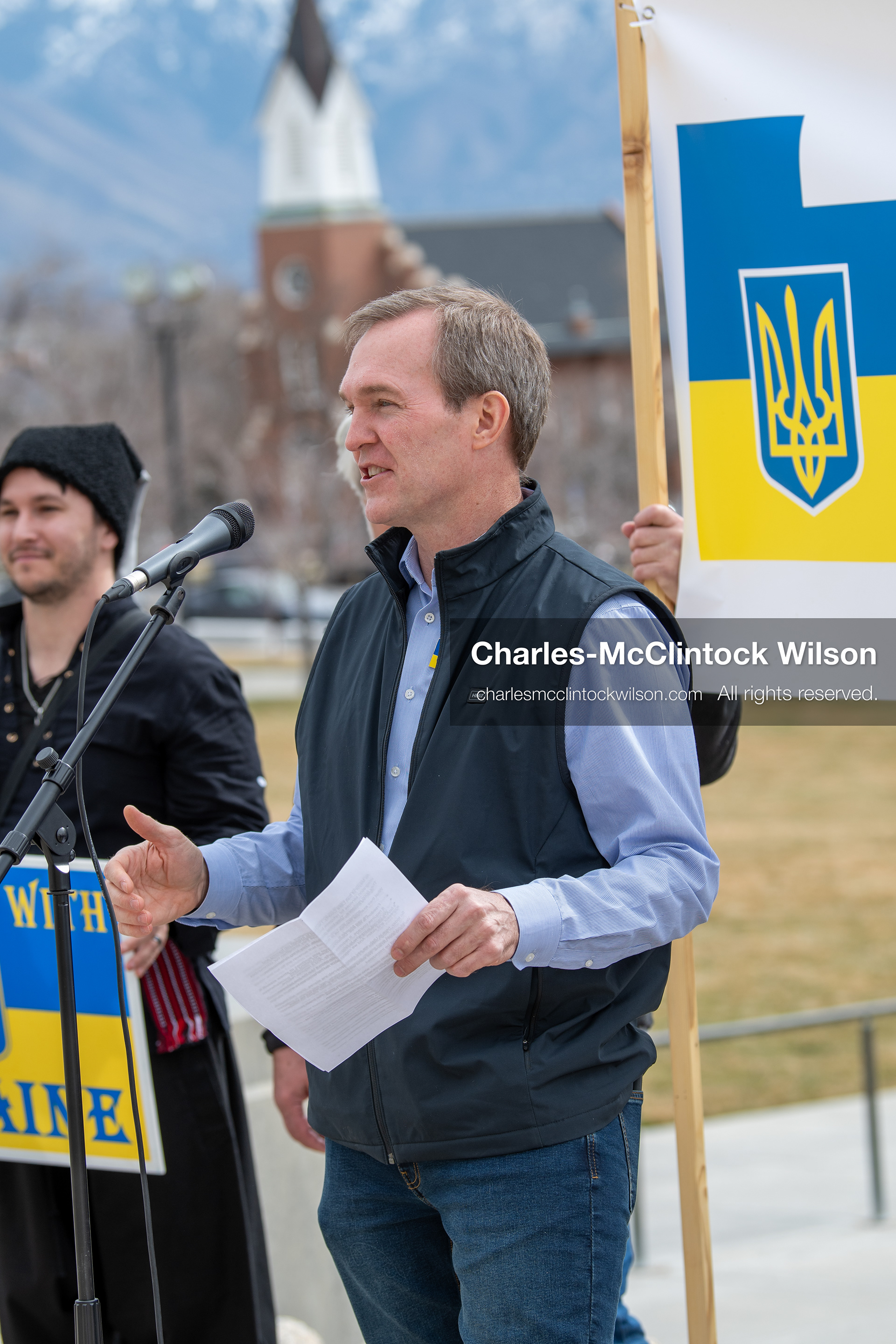 February 28, 2026, Salt Lake City, Utah, USA: Former U.S. Rep BEN MCADAMS, a Democrat from Utah and a 2026 congressional candidate, speaks during the Stand With Ukraine rally at the Utah State Capitol. The event marked the four year anniversary of the full scale Russian invasion of Ukraine and drew community members showing support for Ukrainians and local humanitarian efforts. (Credit Image: © Charles McClintock Wilson/ZUMA Press Wire)
