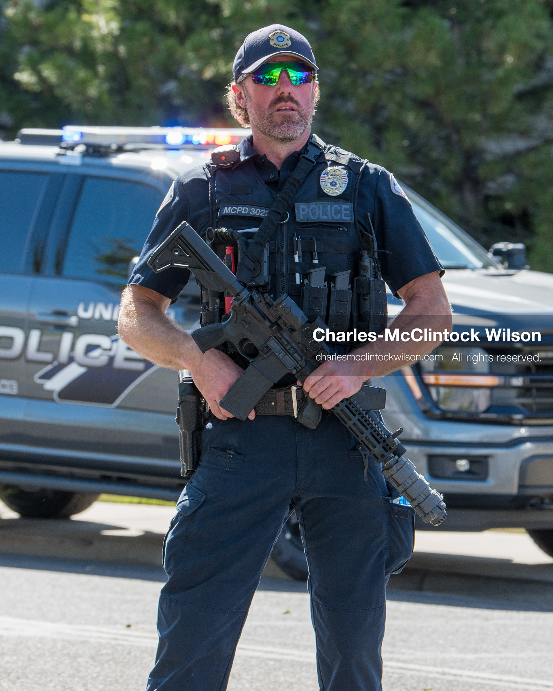 August 17, 2026, Murray, Utah, USA: A Unified Police Department officer stands guard outside Intermountain Medical Center in Murray, Utah, on Monday. Multiple police agencies secured the hospital perimeter as a safety precaution after shooting victims were brought in from a fatal shootout outside a funeral in nearby Kearns. (Credit Image: © Charles McClintock Wilson/ZUMA Press Wire)