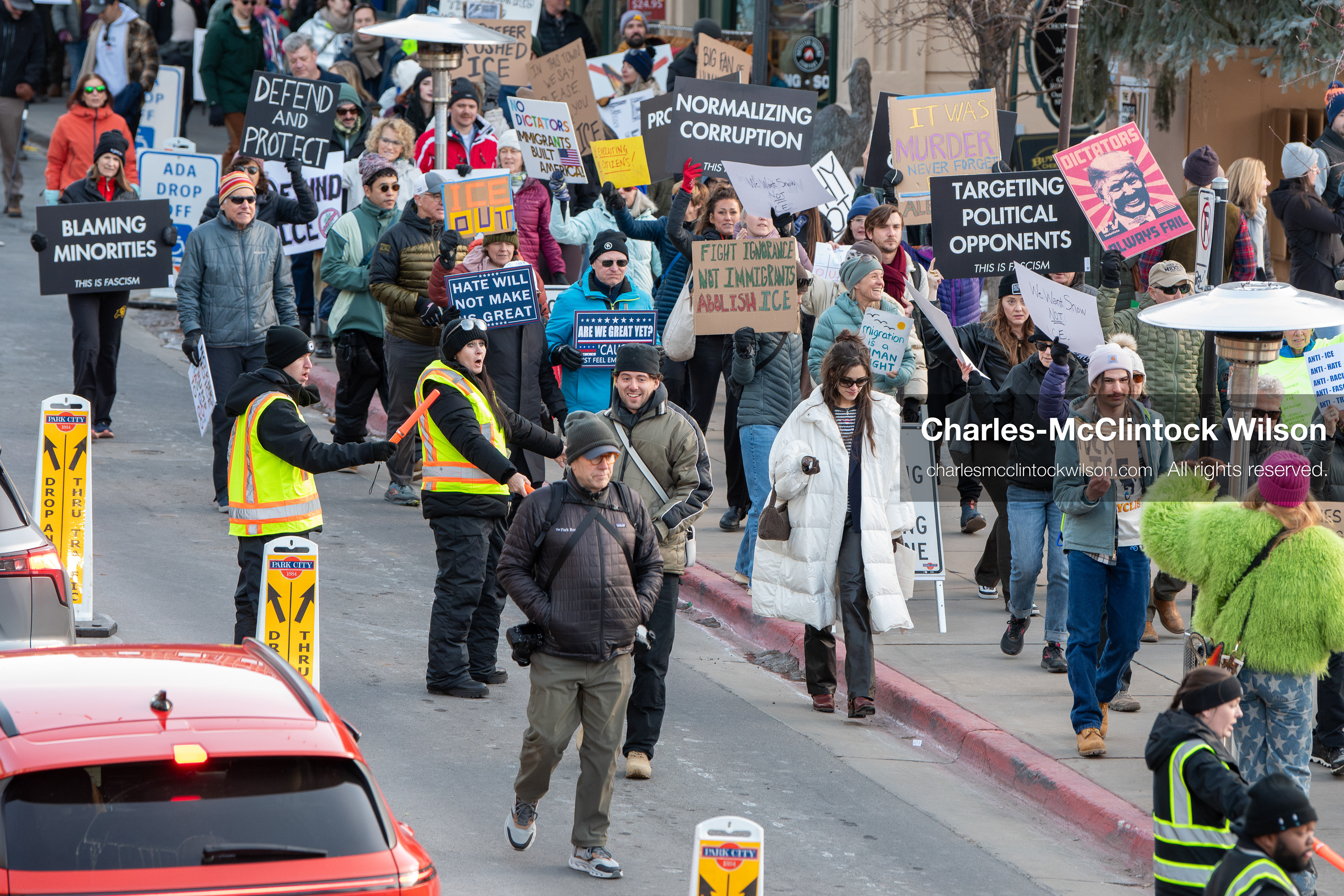 January 26, 2026, Park City, Utah, USA: Demonstrators march through Main Street holding signs during a protest opposing U.S. Immigration and Customs Enforcement (I.C.E.) ICE agents at the Sundance Film Festival in Park City, Utah, on Monday, Jan. 26, 2026. The event was held in response to the fatal shooting of Alex Pretti by a U.S. Border Patrol officer in Minneapolis. (Credit Image: © Charles McClintock Wilson/ZUMA Press Wire)