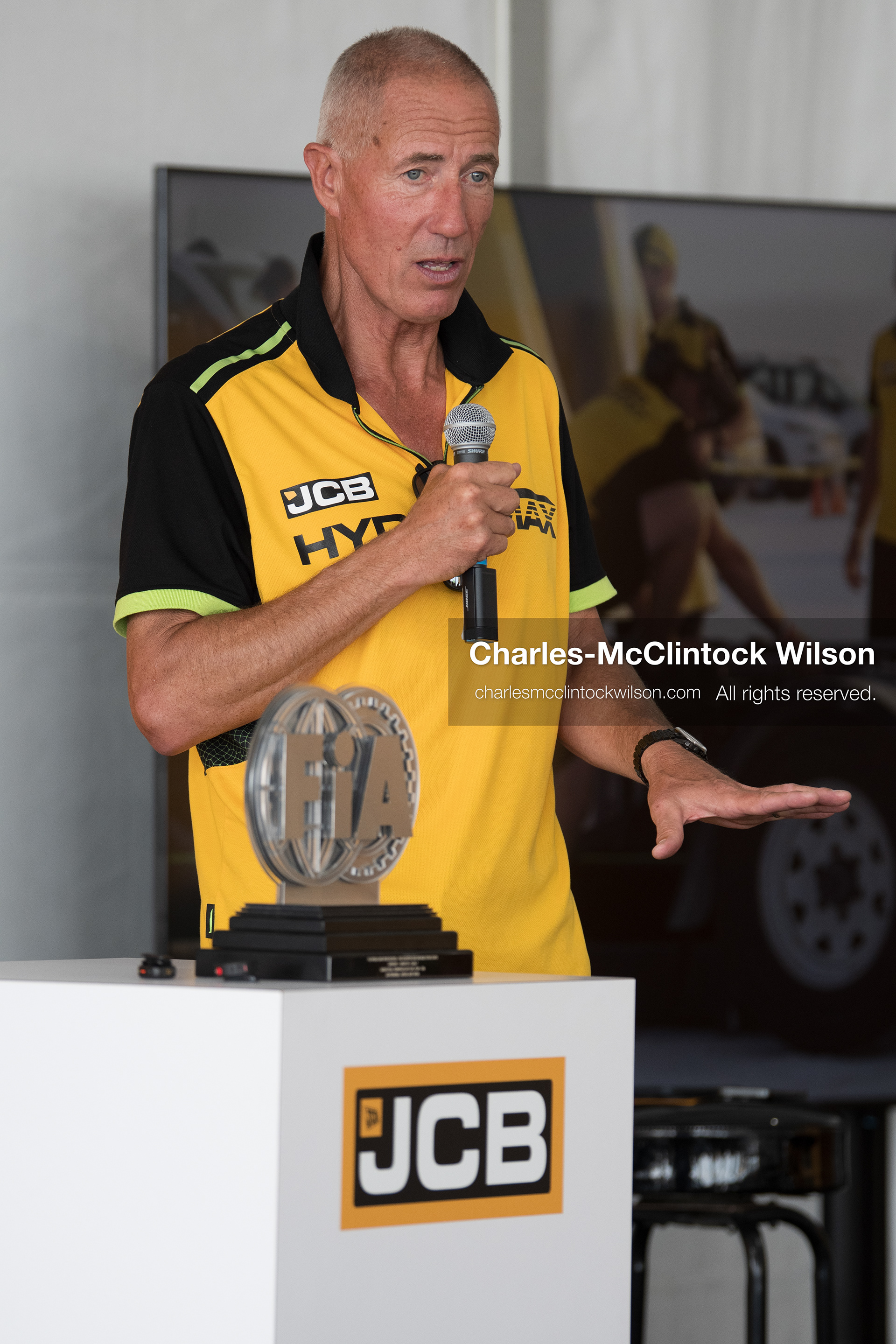 British driver Andy Green speaks during a press conference on the Bonneville Salt Flats near Wendover, Utah, on August 11, 2026, as part of the JCB Hydromax hydrogen-powered land-speed record project. (Photo by Charles-McClintock Wilson/NurPhoto)