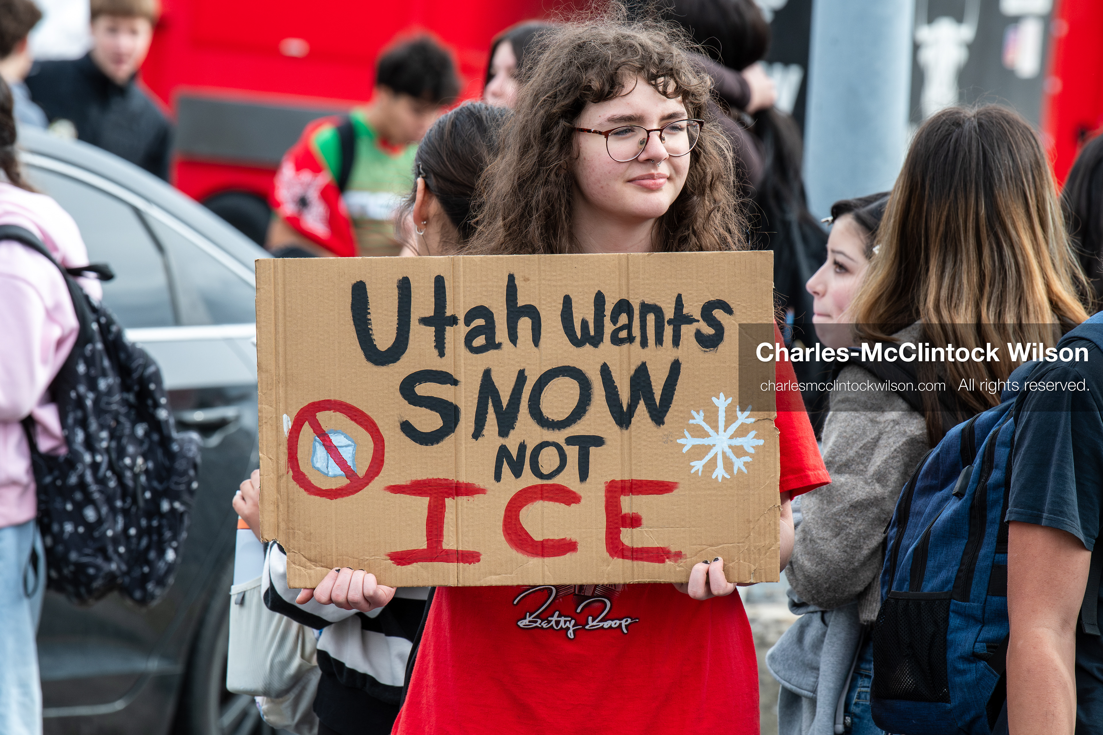 February 11, 2026, Orem, Utah, USA: A student stands along State Street during a student‑led protest involving participants from multiple Orem schools. (Credit Image: © Charles‑McClintock Wilson/ZUMA Press Wire)