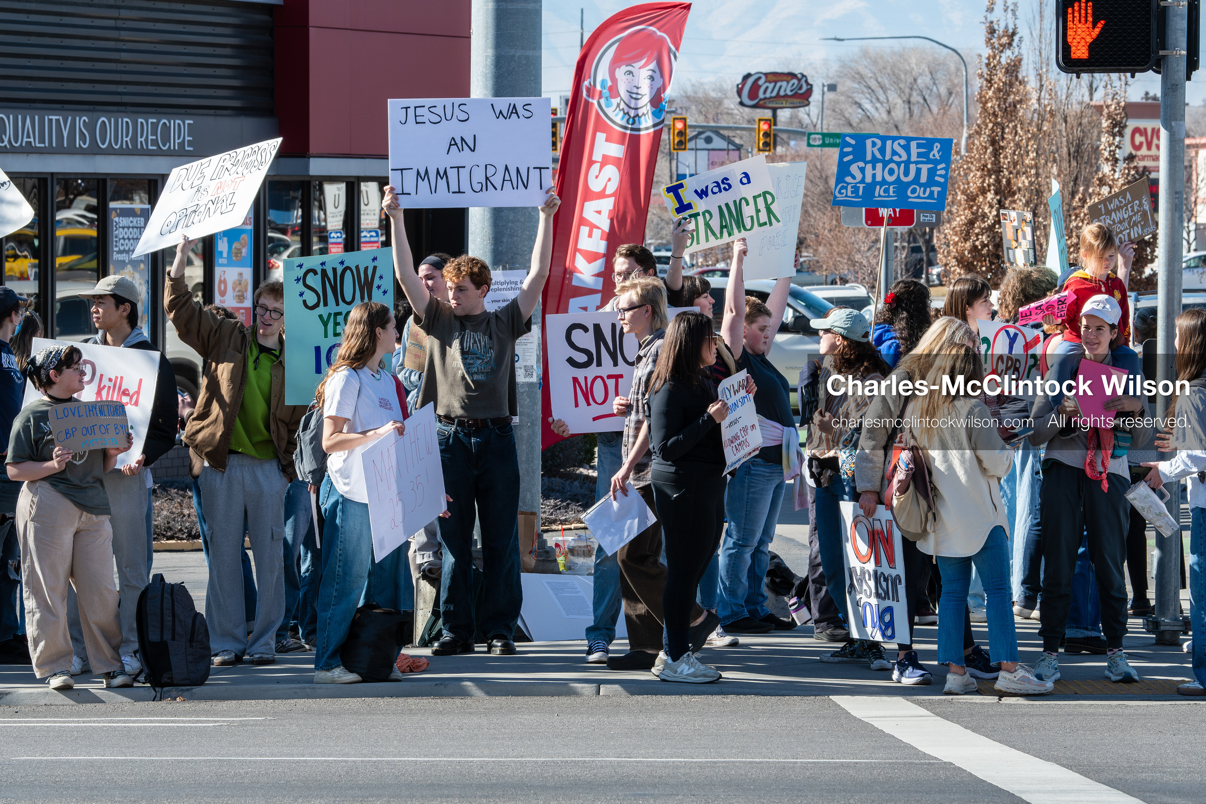 February 5, 2026, Provo, Utah, USA: Students and community members gather near Brigham Young University in Provo to demonstrate against the presence of US Customs and Border Protection recruiters at a career fair held on the BYU campus. (Credit Image: © Charles McClintock Wilson/ZUMA Press Wire)
