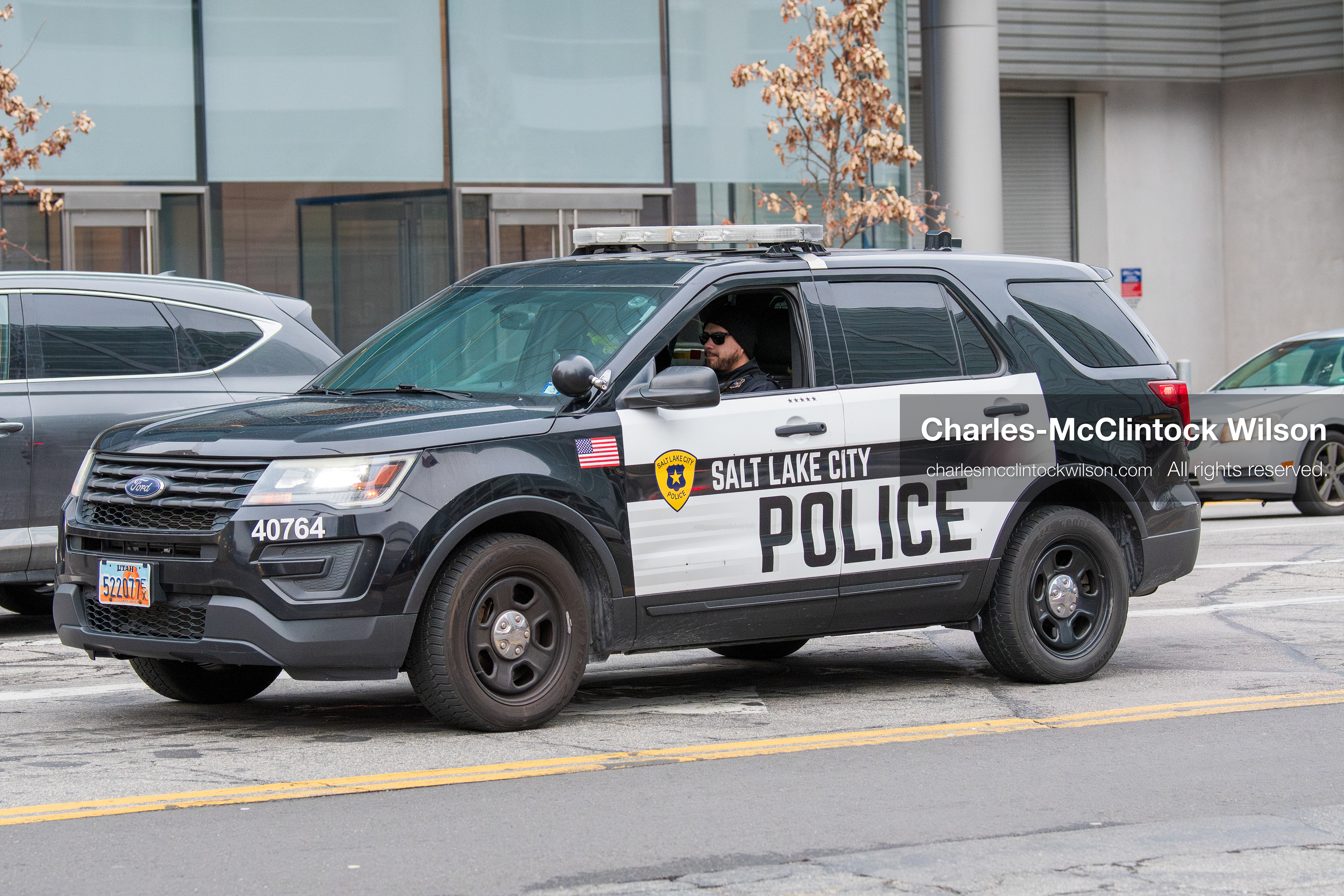 January 3, 2026, Salt Lake City, Utah, USA: A Salt Lake City Police vehicle is seen near the Wallace Federal Building in Salt Lake City, Utah, during a protest against US action in Venezuela. Demonstrators gathered as part of a nationwide mobilization responding to recent military developments. (Credit Image: (c) Charles‑McClintock Wilson/ZUMA Press Wire)
