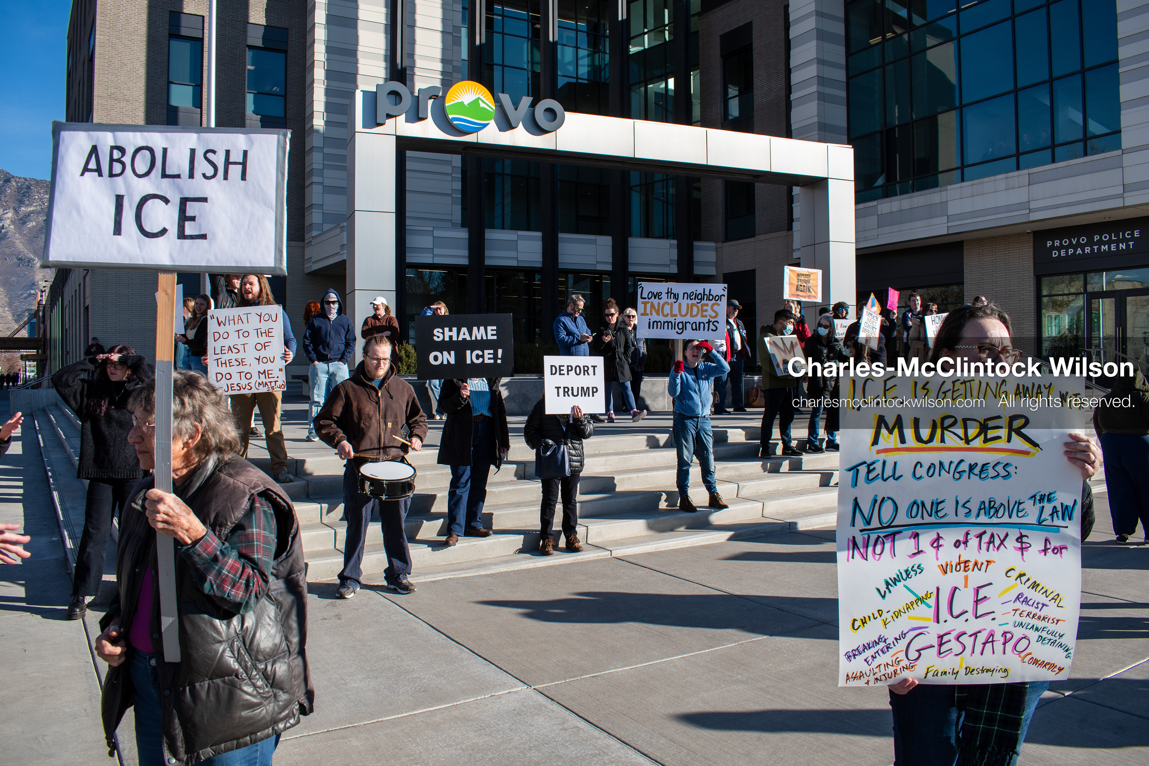 January 20, 2026, Provo, Utah, USA: Protesters gather outside Provo City Hall during the Free America Walkout protest in Provo, Utah, on January 20, 2026. Demonstrators held signs calling for justice, immigration reform, and an end to detention practices. (Credit Image: © Charles-McClintock Wilson/ZUMA Press Wire)