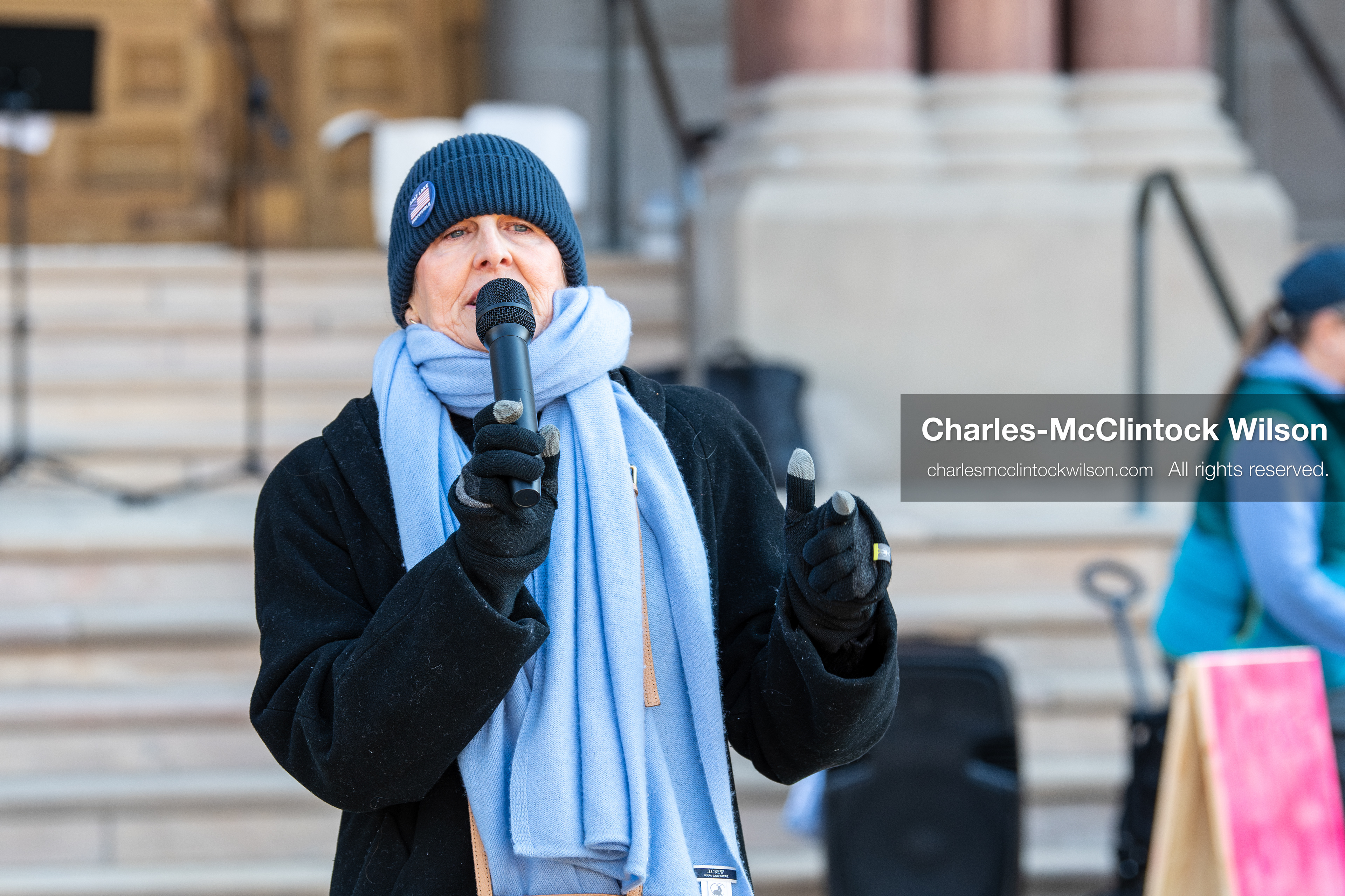 Salt Lake City, Utah, January 10, 2026: Sarah Buck, leader and key organizer for Salt Lake Indivisible, speaks during the ICE Out for Good protest at Washington Square Park, a demonstration calling for justice for Renee Nicole Good. Salt Lake Indivisible is a local grassroots organization that opposes policies of the Trump administration and advocates for democratic protections. (Credit Image: © Charles‑McClintock Wilson/ZUMA Press Wire)