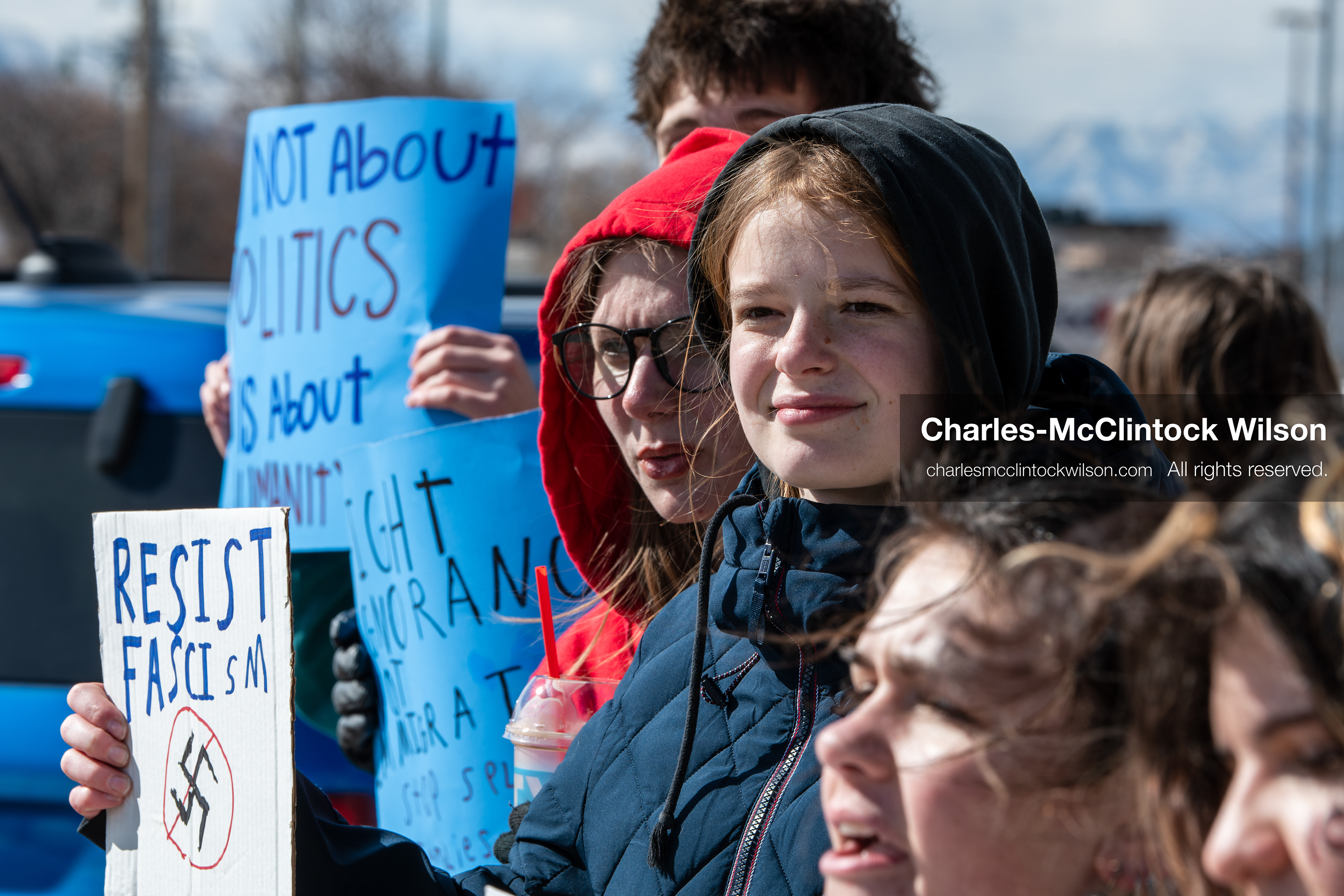 February 20, 2026, Orem, Utah, USA: Participants hold signs during a student led protest against ICE in front of Orem City Hall. Demonstrators stand along State Street as the group gathers in the area. (Credit Image: © Charles McClintock Wilson/ZUMA Press Wire)