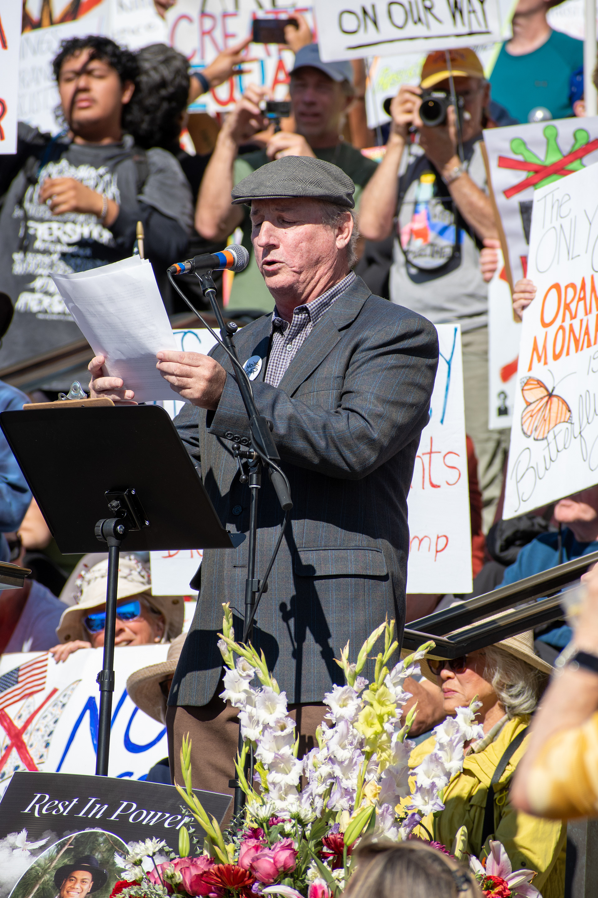 October 18, 2025, Salt Lake City, Utah, USA: A speaker addresses the crowd during a "No Kings" protest at the Utah State Capitol. The protest was part of a nationwide mobilization.