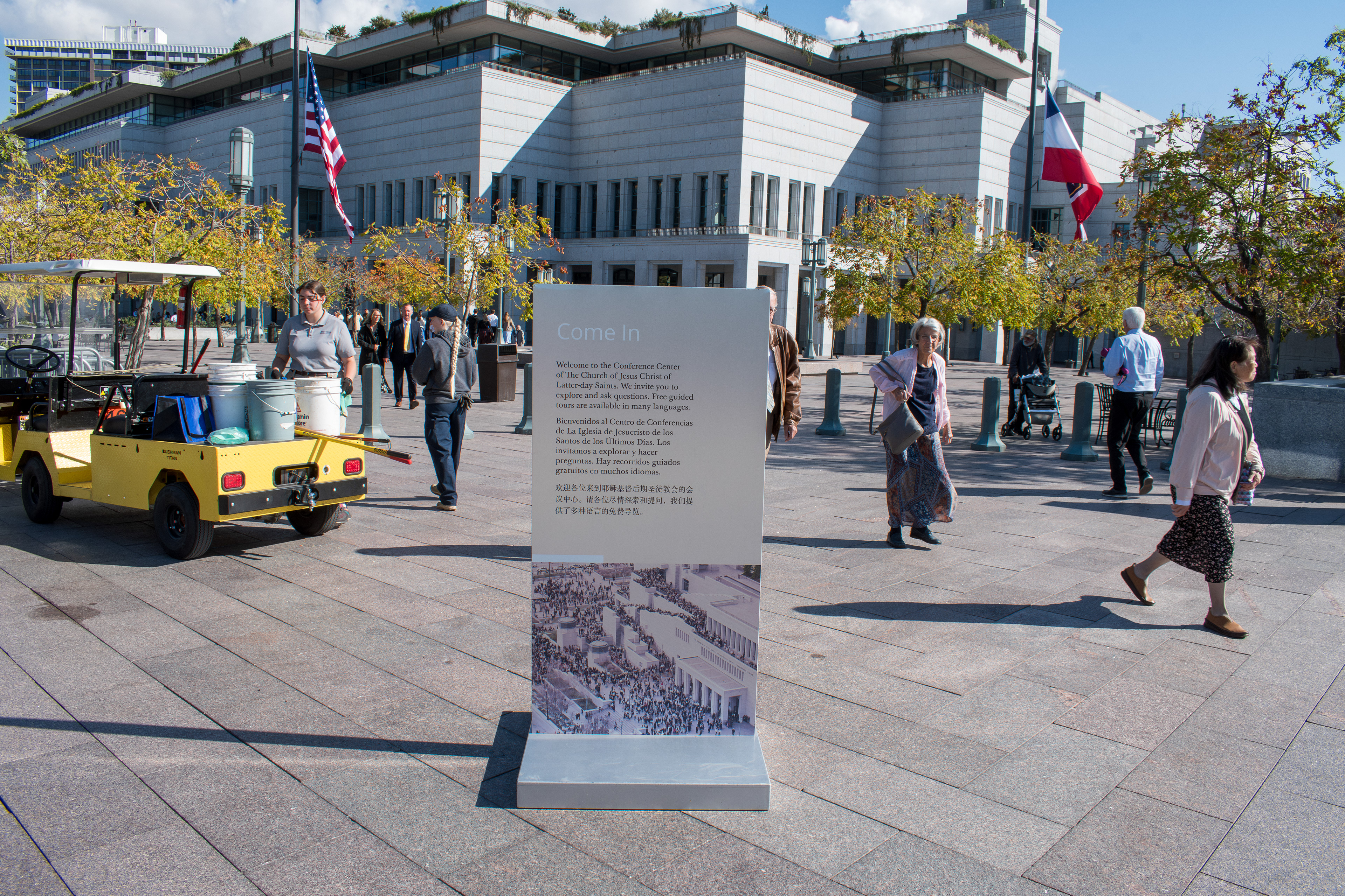 October 6, 2025, Salt Lake City, Utah, USA: People walk through the plaza outside the Conference Center during the public viewing for Russell M. Nelson, the 17th president of the Church of Jesus Christ of Latter-day Saints. Flags fly at half-mast following the death of Nelson at his home in Salt Lake City, Utah, on September 27, 2025, at the age of 101. (Credit Image: © Charles-McClintock Wilson/ZUMA Press Wire)