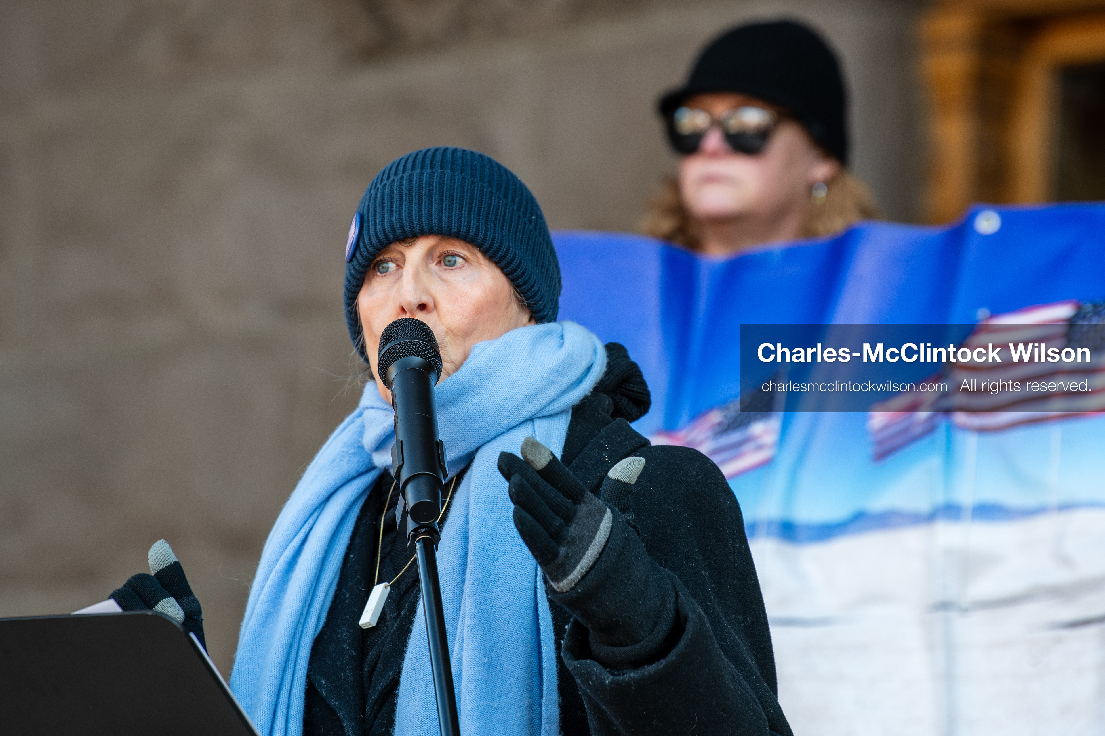 Salt Lake City, Utah, January 10, 2026: Sarah Buck, leader and key organizer for Salt Lake Indivisible, speaks during the ICE Out for Good protest at Washington Square Park, a demonstration calling for justice for Renee Nicole Good. Salt Lake Indivisible is a local grassroots organization that opposes policies of the Trump administration and advocates for democratic protections. (Credit Image: © Charles‑McClintock Wilson/ZUMA Press Wire)