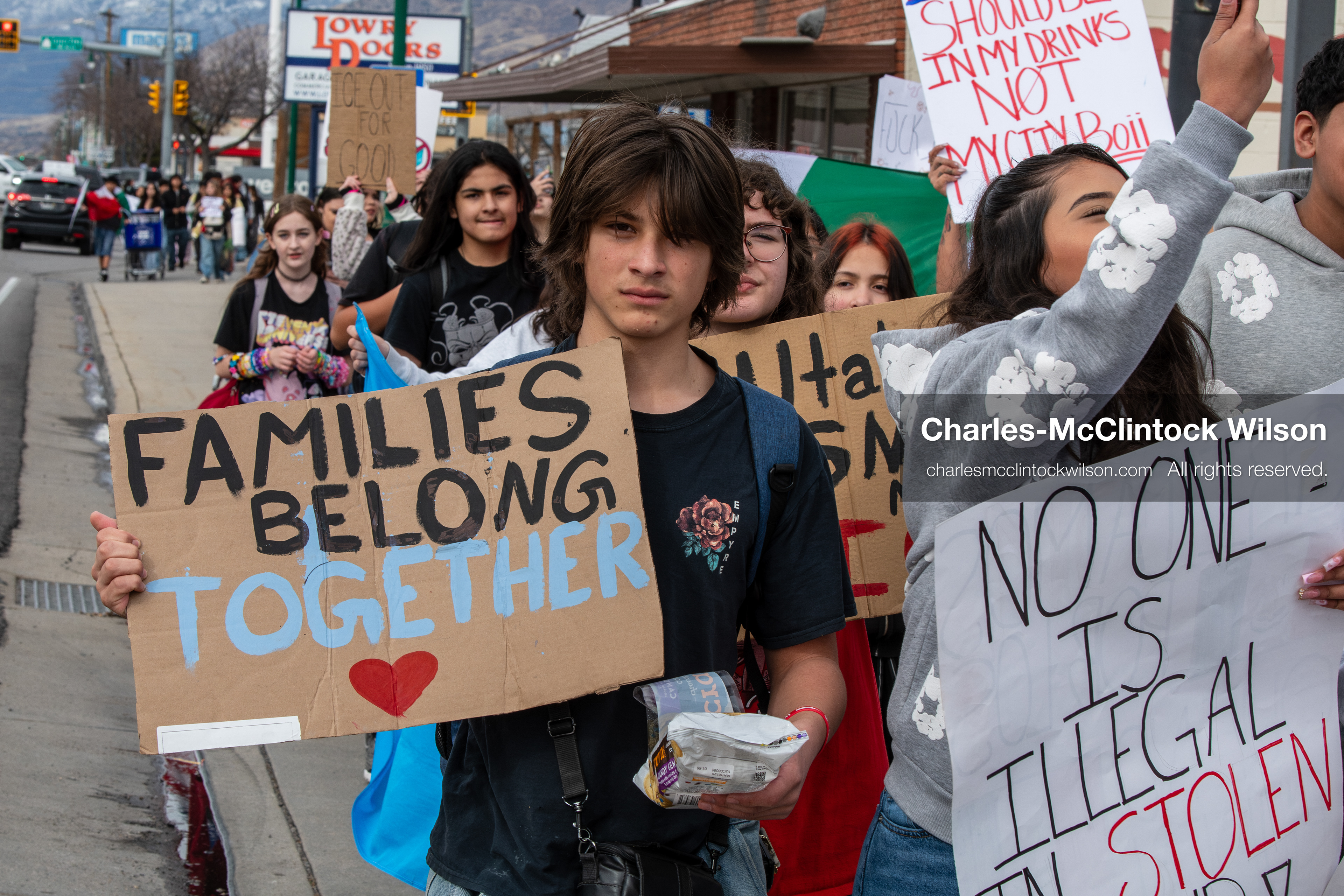 February 11, 2026, Orem, Utah, USA: Students march along State Street during a student‑led protest involving participants from multiple Orem schools. (Credit Image: © Charles‑McClintock Wilson/ZUMA Press Wire)