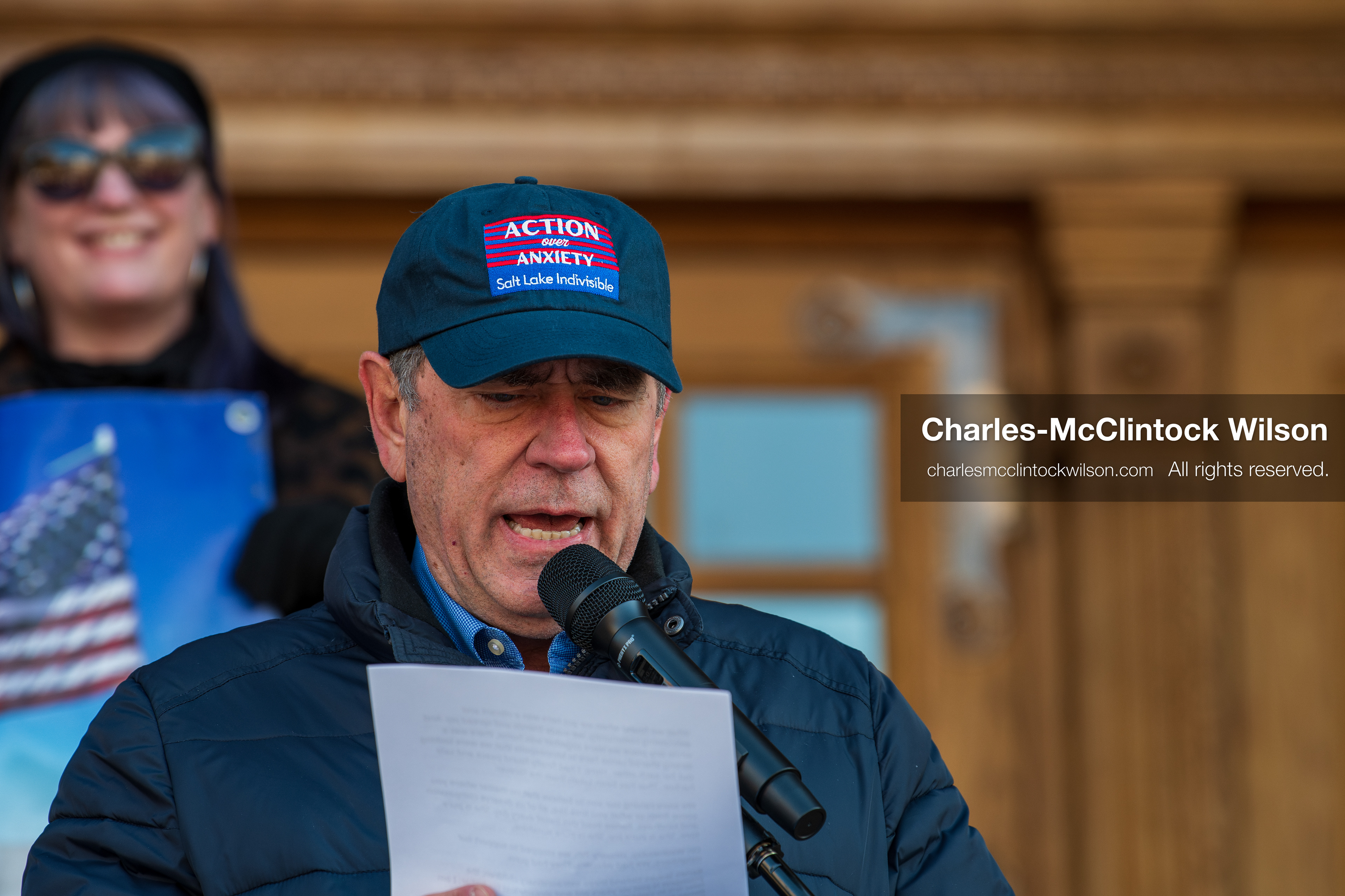 Salt Lake City, Utah, January 10, 2026: A speaker reads a statement written by Rebeca Good, wife of Renee Nicole Good, during the ICE Out for Good protest at Washington Square Park. The demonstration called for justice following Renee Nicole Good’s death during an encounter with immigration authorities. (Credit Image: © Charles‑McClintock Wilson/ZUMA Press Wire)