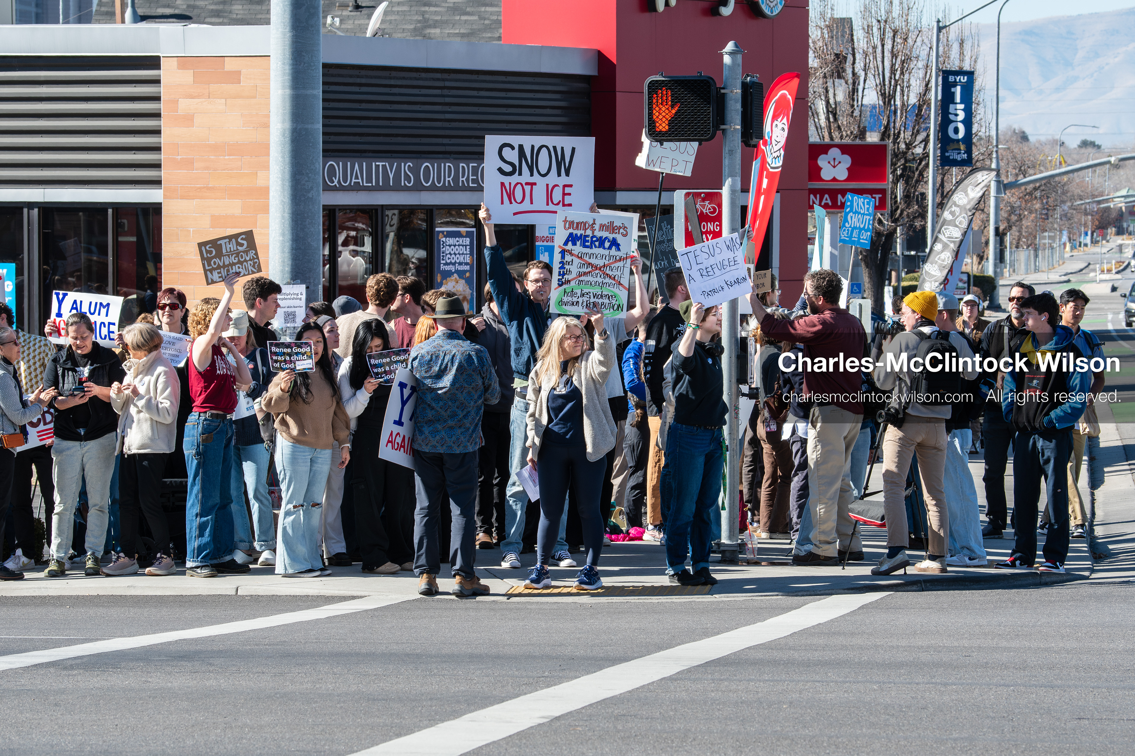 February 5, 2026, Provo, Utah, USA: Students and community members gather near Brigham Young University in Provo to demonstrate against the presence of US Customs and Border Protection recruiters at a career fair held on the BYU campus. (Credit Image: © Charles McClintock Wilson/ZUMA Press Wire)