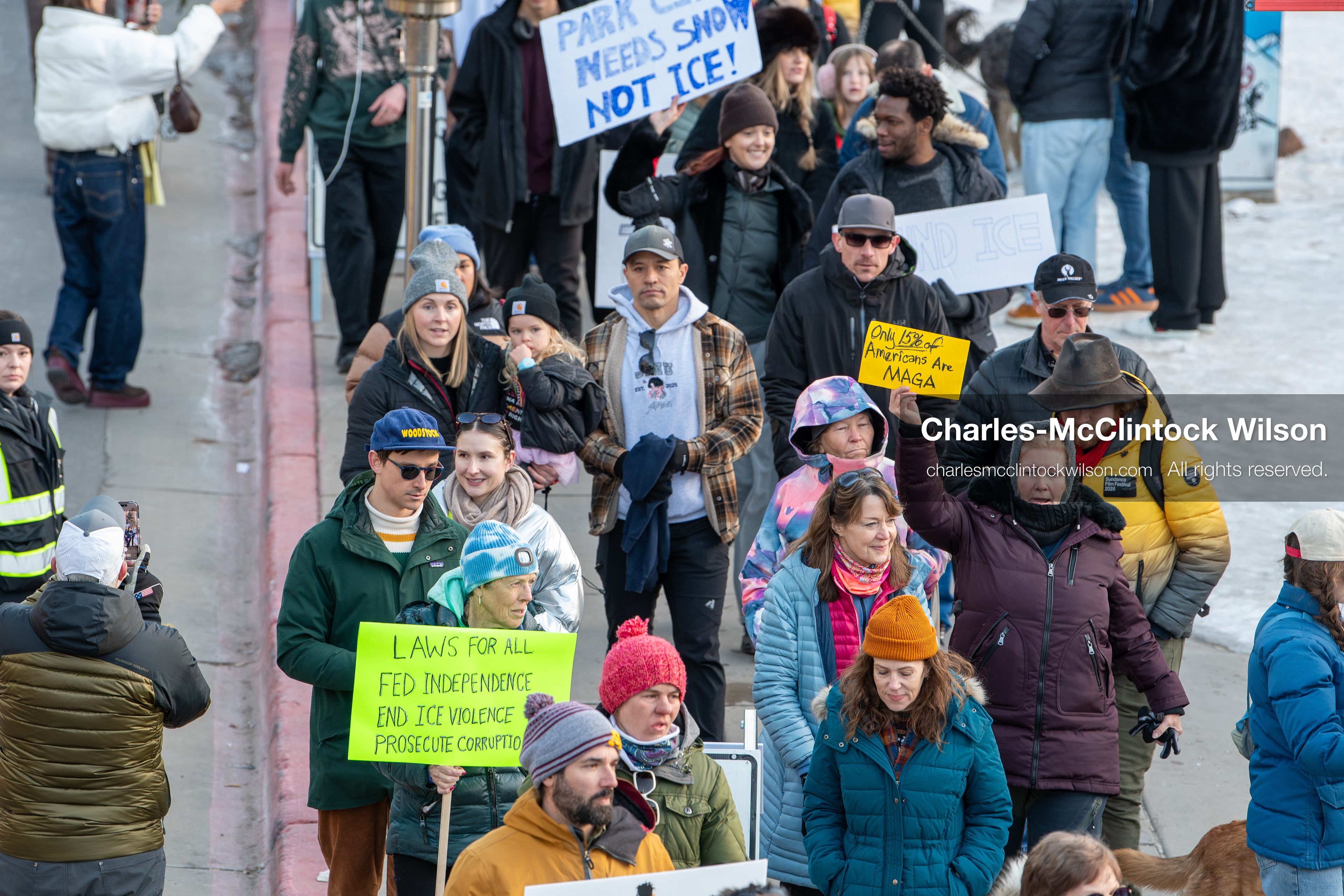 January 26, 2026, Park City, Utah, USA: Demonstrators march through Main Street holding signs during a protest opposing U.S. Immigration and Customs Enforcement (I.C.E.) ICE agents at the Sundance Film Festival in Park City, Utah, on Monday, Jan. 26, 2026. The event was held in response to the fatal shooting of Alex Pretti by a U.S. Border Patrol officer in Minneapolis. (Credit Image: © Charles McClintock Wilson/ZUMA Press Wire)