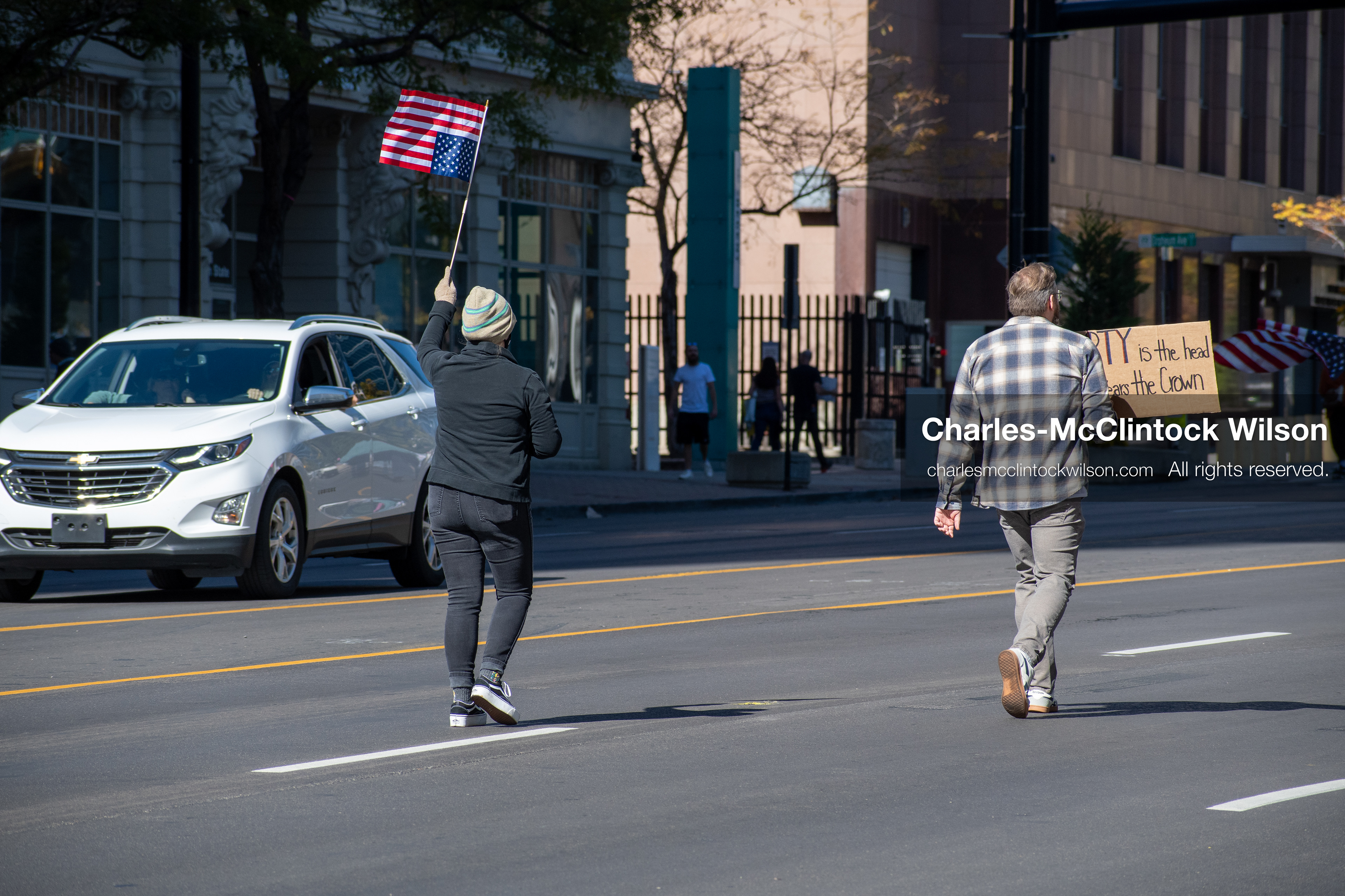 October 18, 2025, Salt Lake City, Utah, USA: Demonstrators march along South State Street during a "No Kings" protest in Salt Lake City, Utah. The protest was part of a nationwide mobilization.