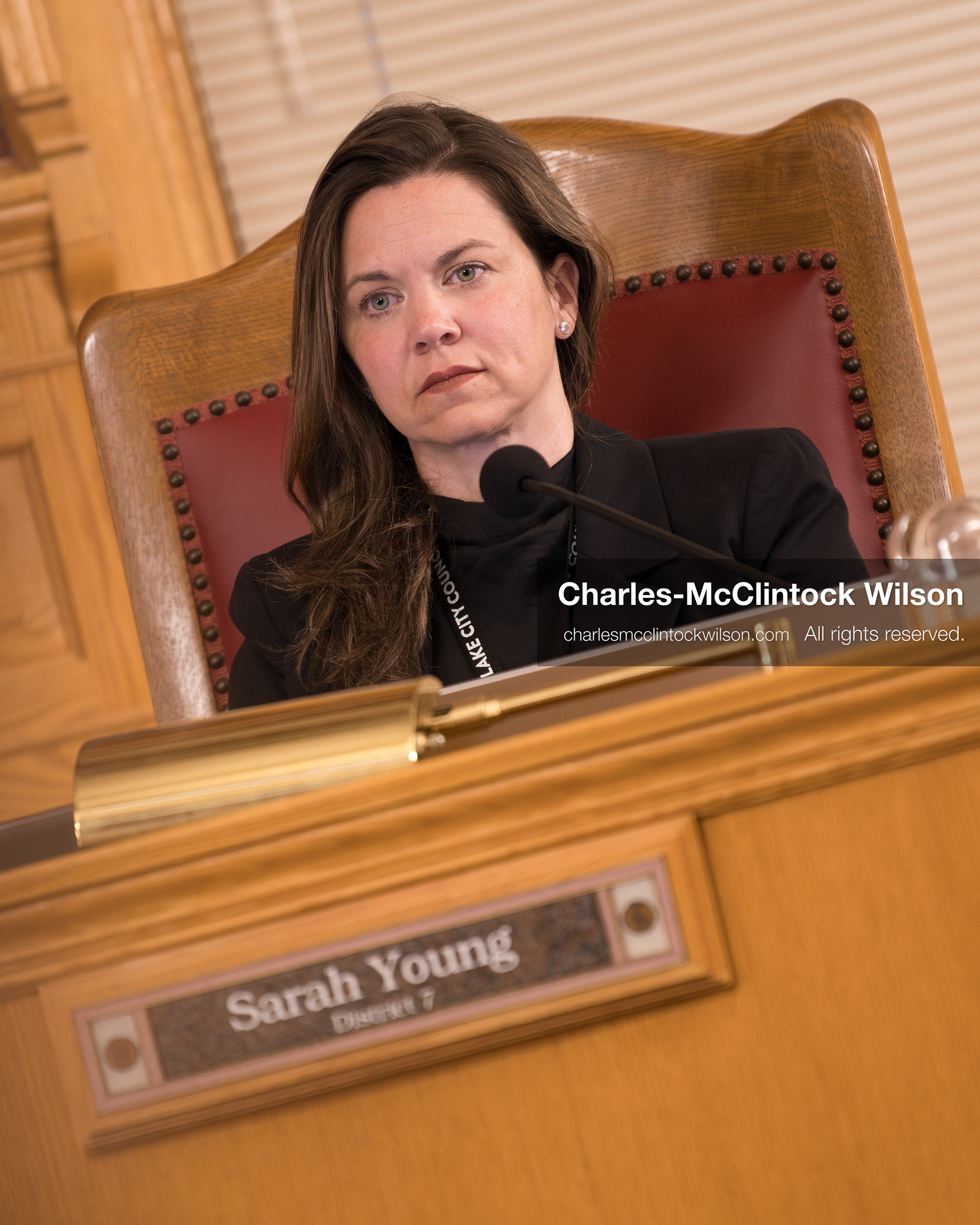 May 5, 2026, Salt Lake City, Utah, USA: Salt Lake City Council Member SARAH YOUNG, who represents District 7 and the greater Sugar House area, listens during the council's formal meeting in Salt Lake City on Tuesday, May 5, 2026. The meeting included public hearings on a proposed camping and public property ordinance. (Credit Image: © Charles-McClintock Wilson/ZUMA Press Wire)