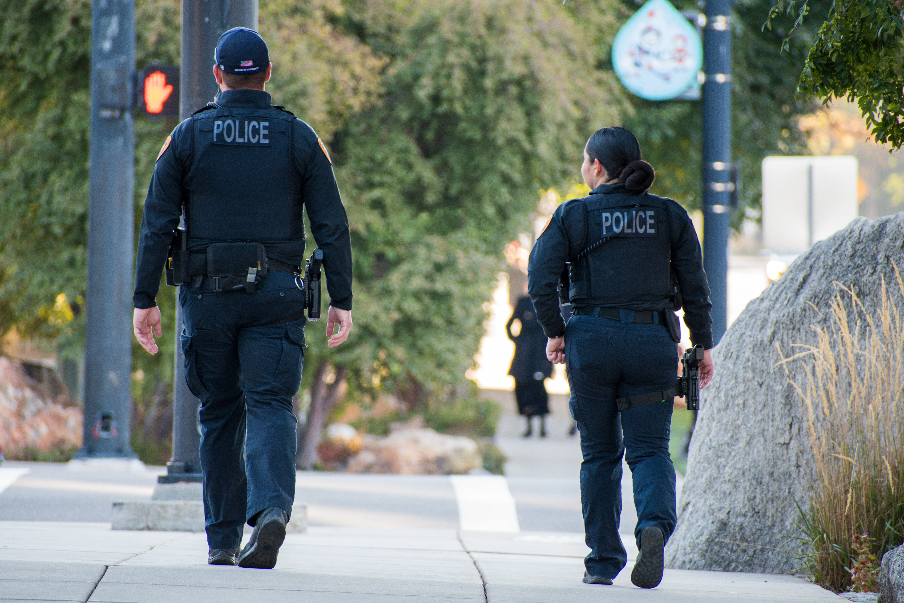 October 6, 2025, Salt Lake City, Utah, USA: Police officers patrol near the Conference Center during the public viewing for Russell M. Nelson, the 17th president of the Church of Jesus Christ of Latter-day Saints. Nelson died at his home in Salt Lake City, Utah, on September 27, 2025, at the age of 101. (Credit Image: © Charles-McClintock Wilson/ZUMA Press Wire)