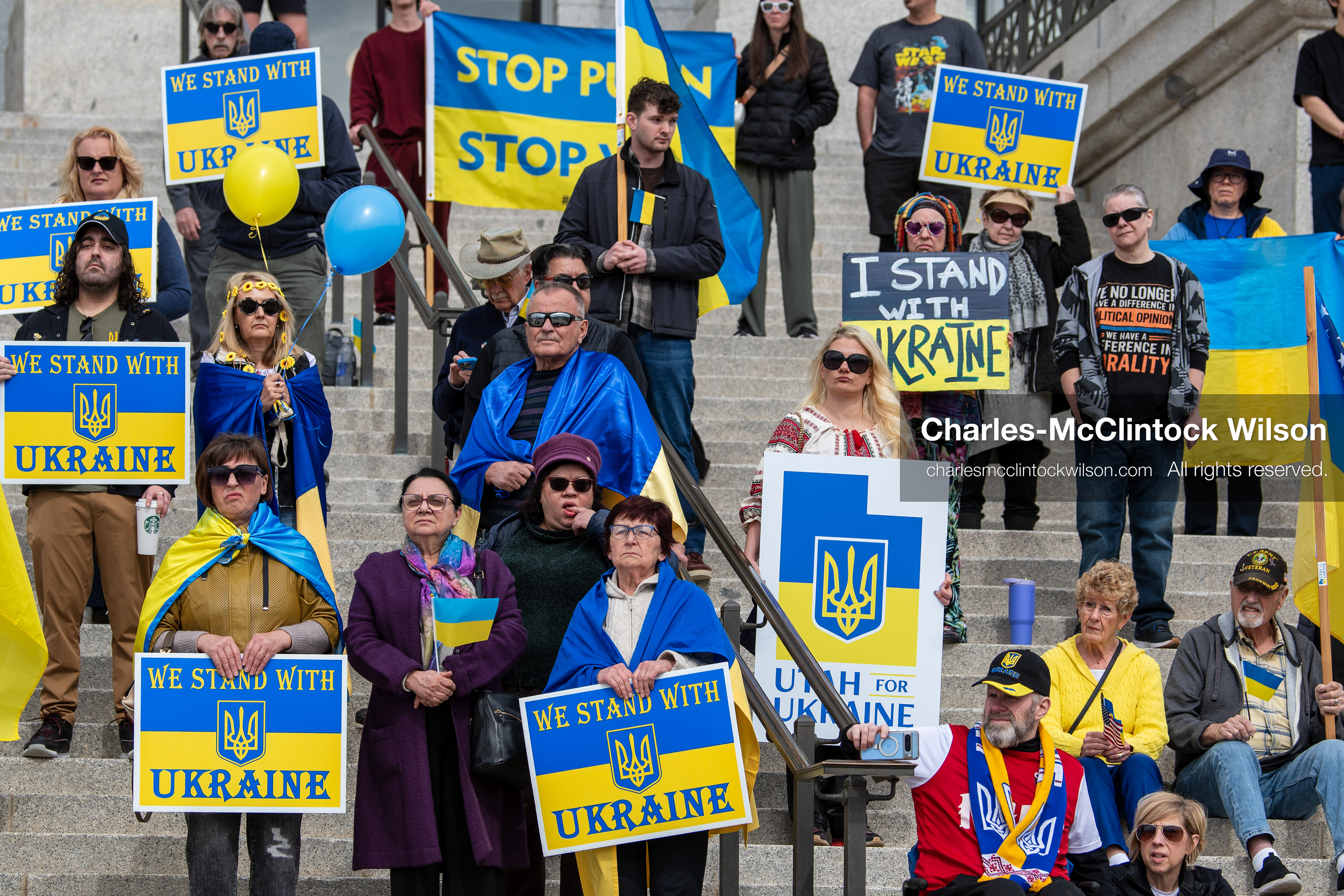 February 28, 2026, Salt Lake City, Utah, USA: Supporters gather on the steps of the Utah State Capitol during the Stand With Ukraine rally marking the four year anniversary of the full scale Russian invasion of Ukraine. Participants hold signs and Ukrainian flags as community members call for continued support for Ukraine and an end to the war. (Credit Image: © Charles McClintock Wilson/ZUMA Press Wire)