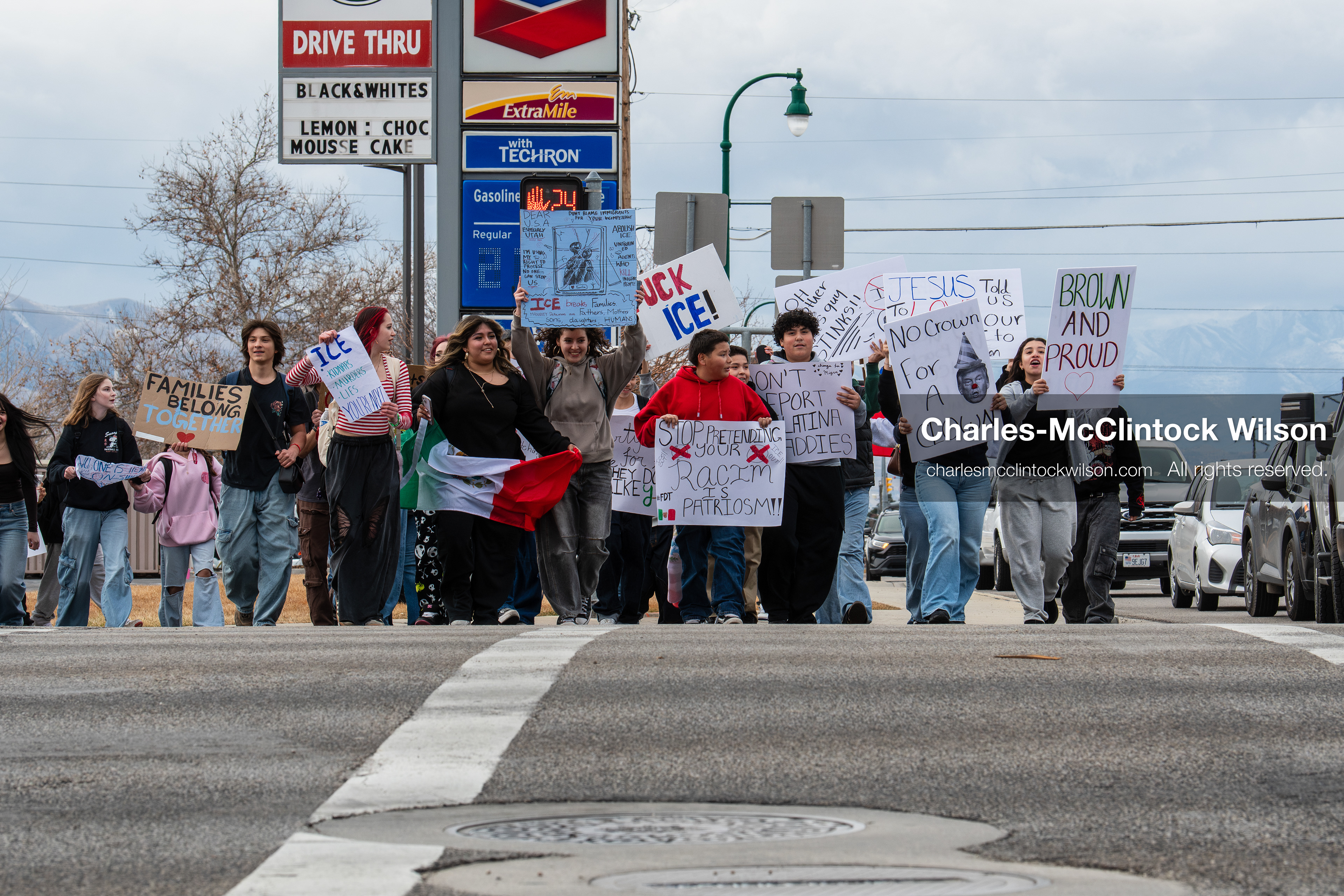 February 11, 2026, Orem, Utah, USA: Students march along State Street during a student‑led protest involving participants from multiple Orem schools. (Credit Image: © Charles‑McClintock Wilson/ZUMA Press Wire)