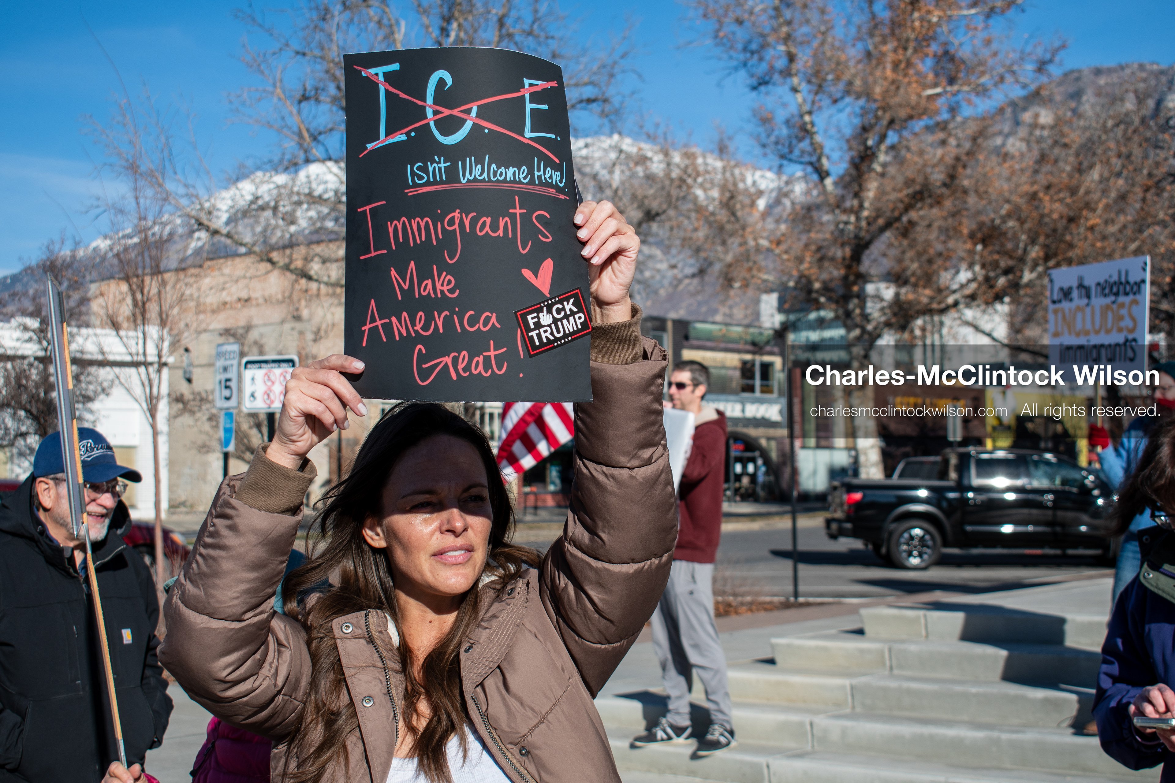 January 20, 2026, Provo, Utah, USA: Protesters gather outside Provo City Hall during the Free America Walkout protest in Provo, Utah, on January 20, 2026. Demonstrators held signs calling for justice, immigration reform, and an end to detention practices. (Credit Image: © Charles-McClintock Wilson/ZUMA Press Wire)