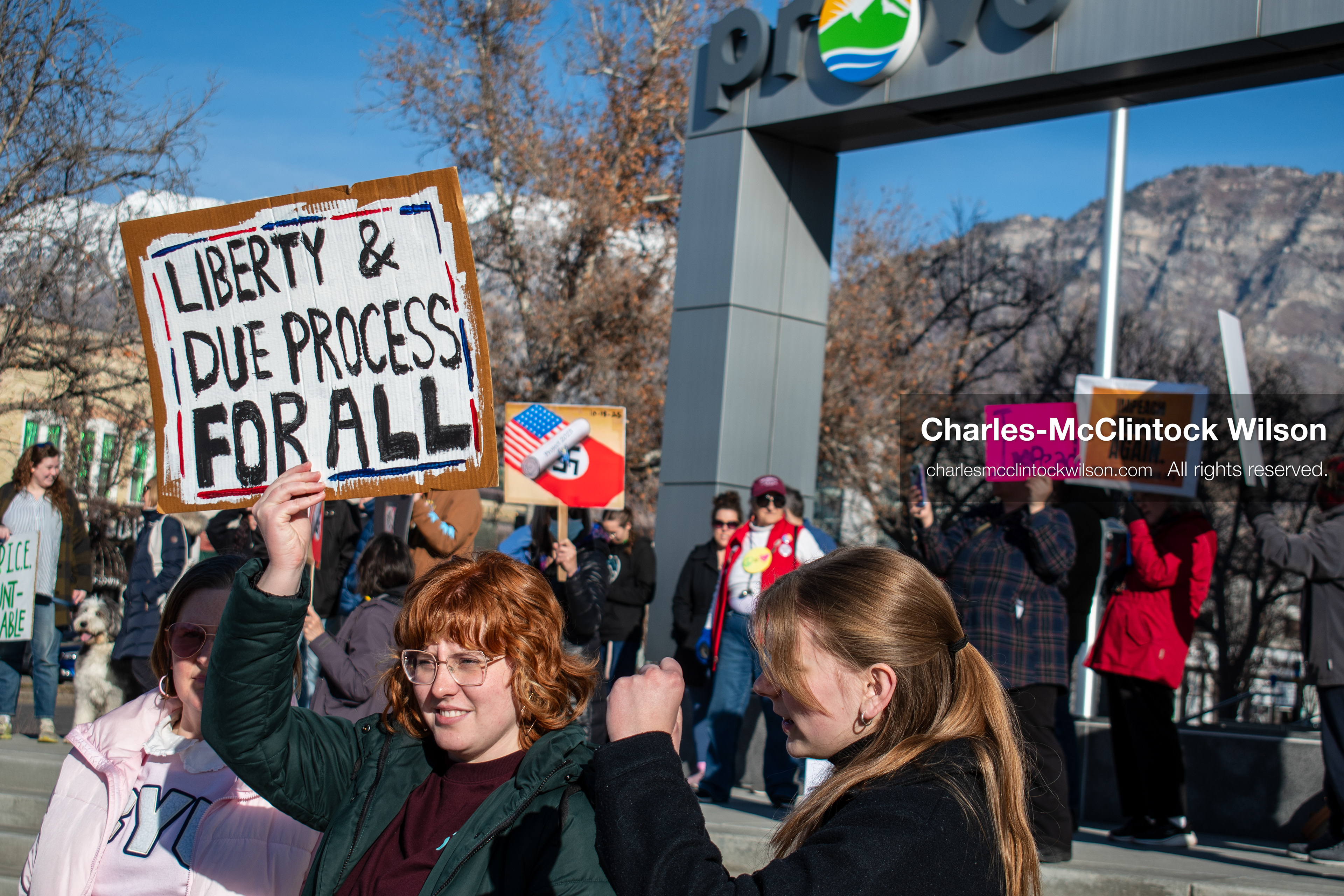 January 20, 2026, Provo, Utah, USA: Protesters gather outside Provo City Hall during the Free America Walkout protest in Provo, Utah, on January 20, 2026. Demonstrators held signs calling for justice, immigration reform, and an end to detention practices. (Credit Image: © Charles-McClintock Wilson/ZUMA Press Wire)