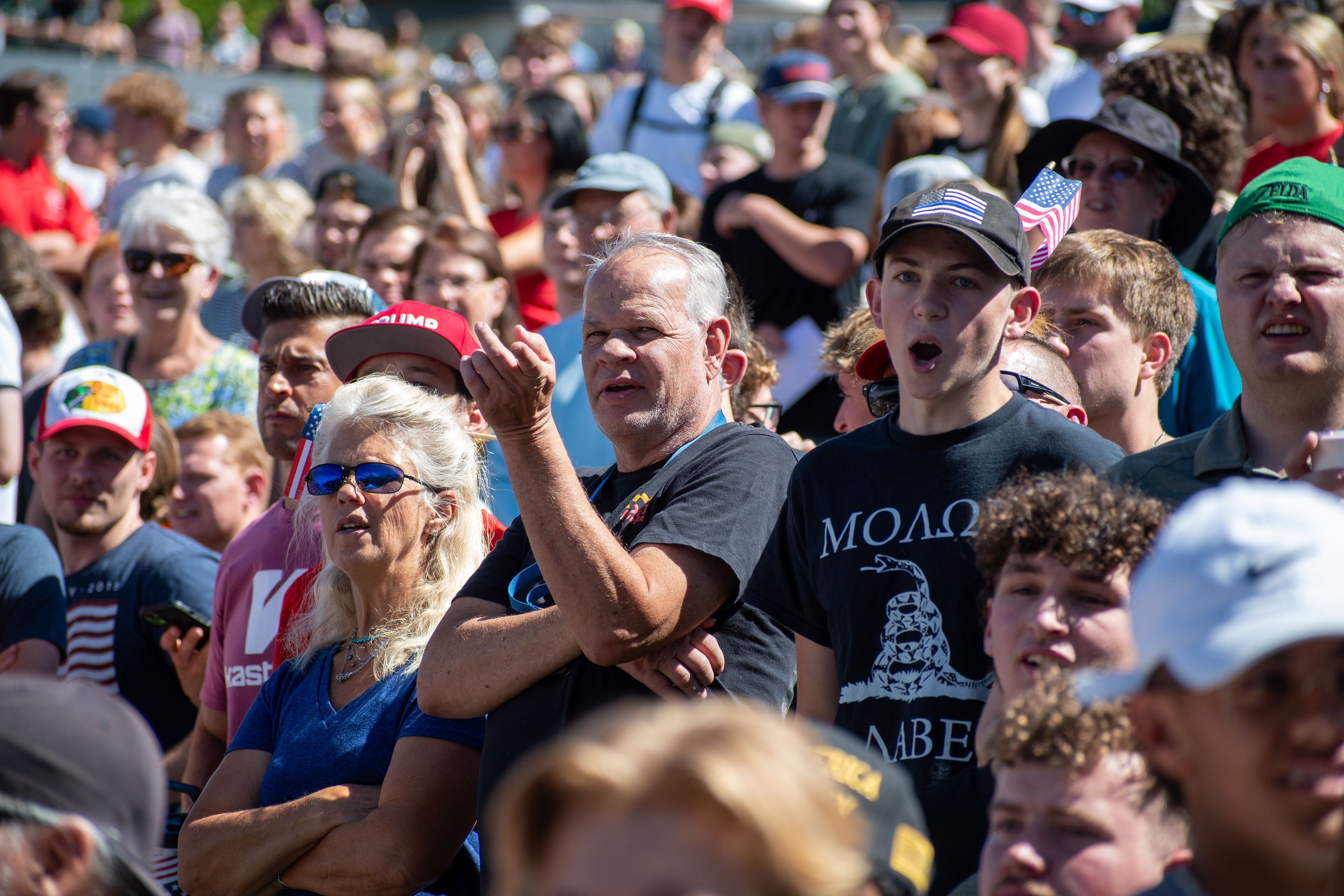 OREM, UTAH – SEPTEMBER 10, 2025: Attendees gather in close formation at Utah Valley University for the opening stop of the American Comeback Tour. The image captures a moment of shared anticipation and civic presence, reflecting the energy, emotion, and communal engagement that defined the event’s intended spirit. © Charles-McClintock Wilson / ZUMA Press