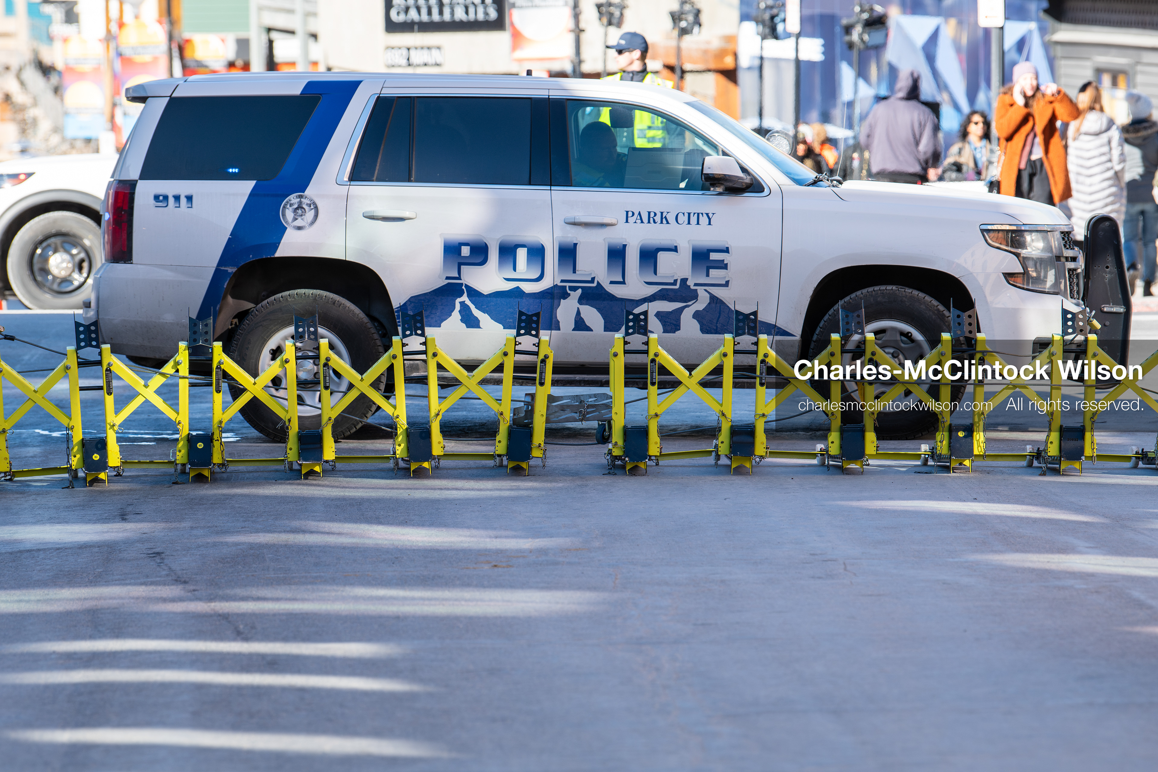  January 26, 2026, Park City, Utah, USA: A Park City police vehicle blocks off Main Street with a barricade during a protest opposing U.S. Immigration and Customs Enforcement (I.C.E.) ICE agents at the Sundance Film Festival in Park City, Utah, on Monday, Jan. 26, 2026. The event was held in response to the fatal shooting of Alex Pretti by a U.S. Border Patrol officer in Minneapolis. (Credit Image: © Charles McClintock Wilson/ZUMA Press Wire)