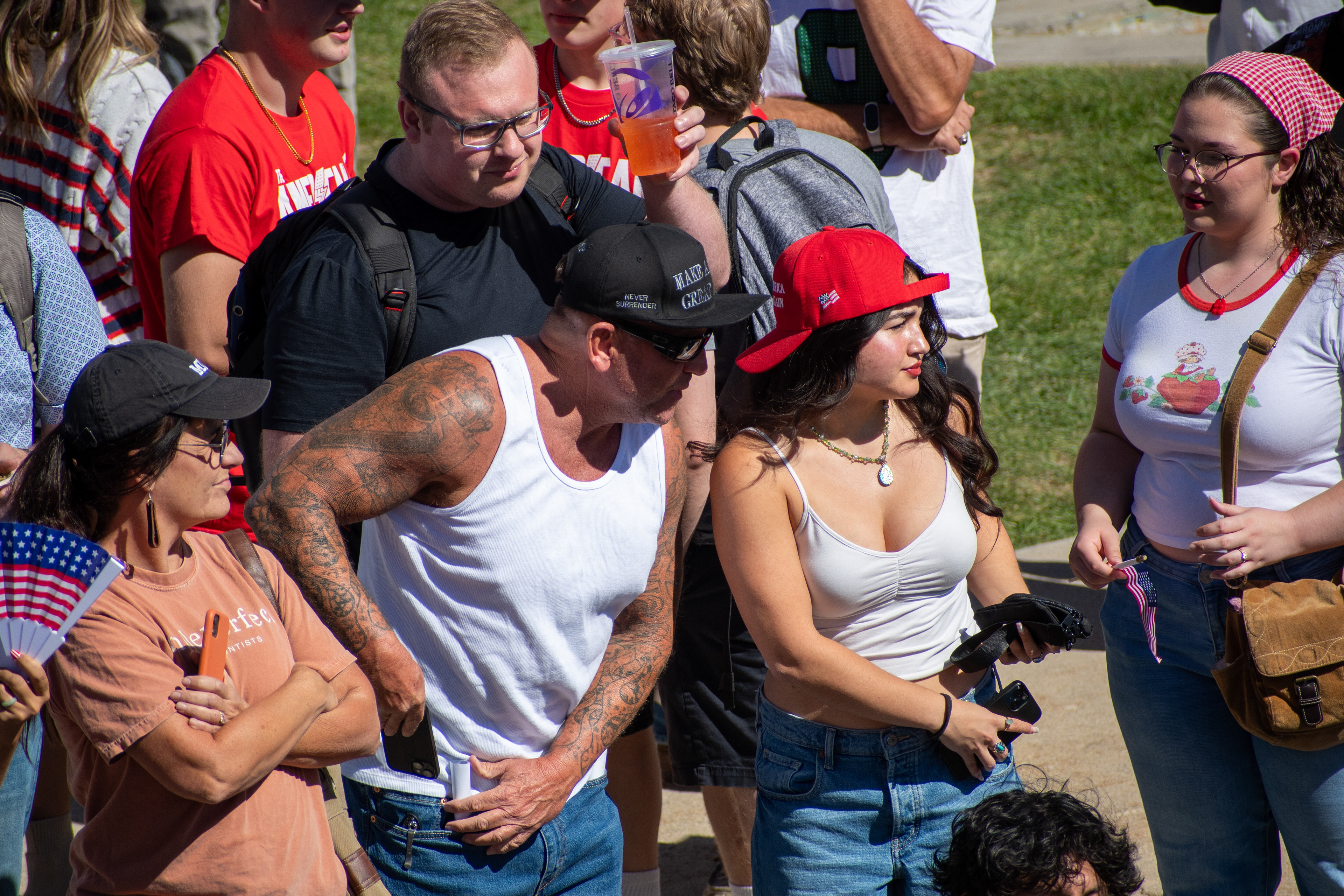 OREM, UTAH – SEPTEMBER 10, 2025: Attendees gather in close formation at Utah Valley University for the opening stop of the American Comeback Tour. The image captures a moment of shared anticipation and civic presence, reflecting the energy, emotion, and communal engagement that defined the event’s intended spirit. © Charles-McClintock Wilson / ZUMA Press