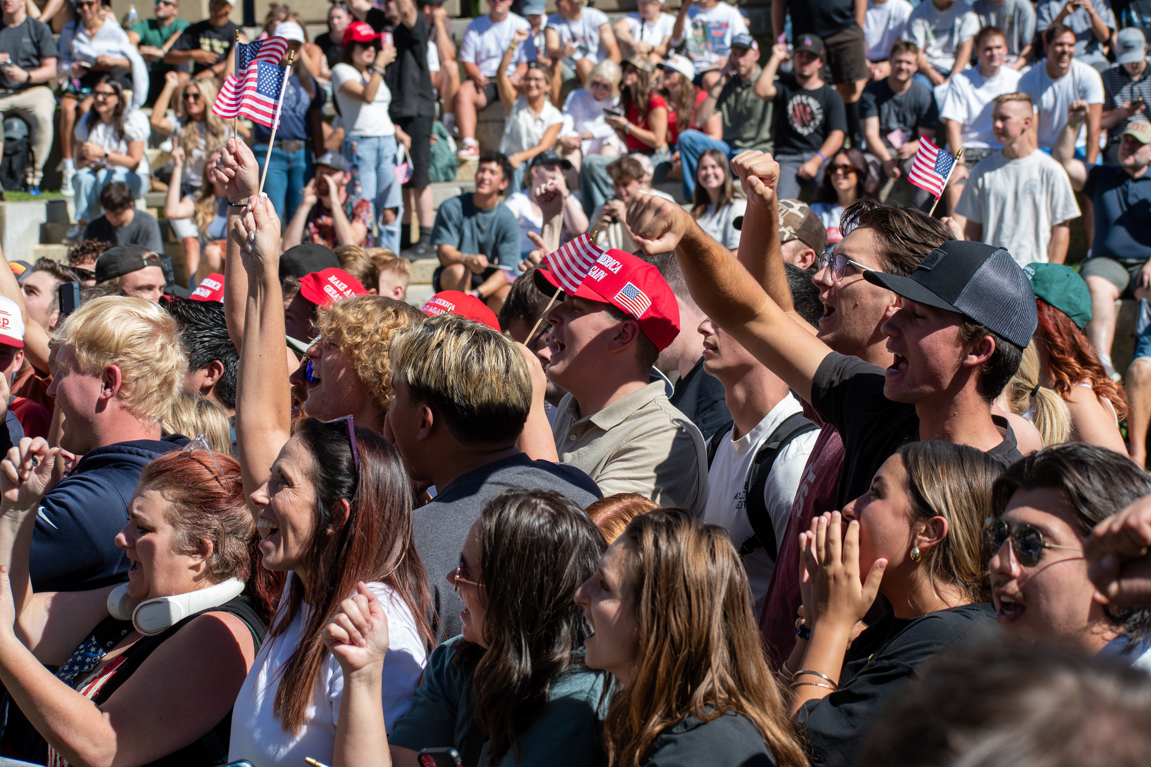 OREM, UTAH – SEPTEMBER 10, 2025: Attendees gather in close formation at Utah Valley University for the opening stop of the American Comeback Tour. The image captures a moment of shared anticipation and civic presence, reflecting the energy, emotion, and communal engagement that defined the event’s intended spirit. © Charles-McClintock Wilson / ZUMA Press 