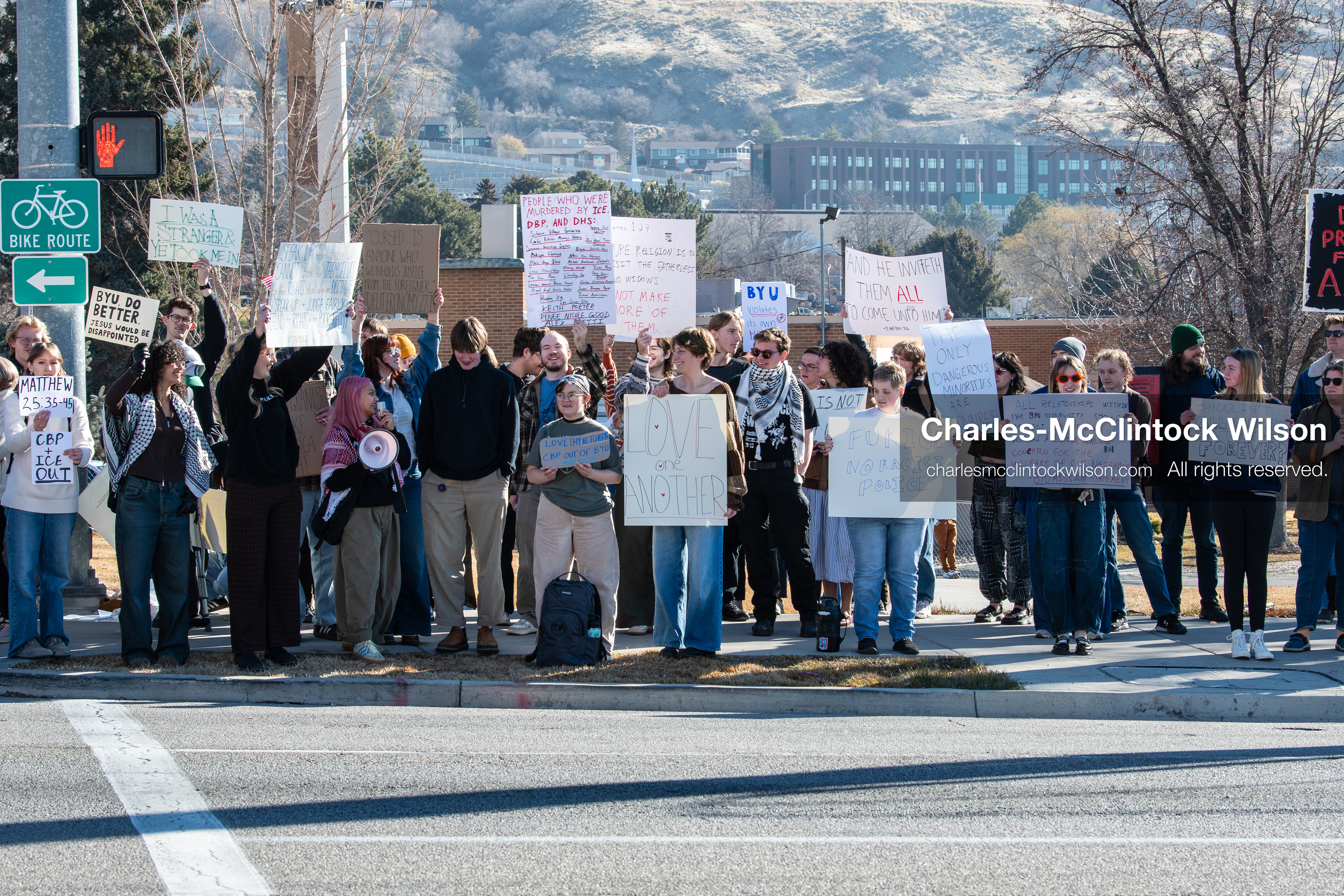 February 5, 2026, Provo, Utah, USA: Students and community members gather near Brigham Young University in Provo to demonstrate against the presence of US Customs and Border Protection recruiters at a career fair held on the BYU campus. (Credit Image: © Charles McClintock Wilson/ZUMA Press Wire)